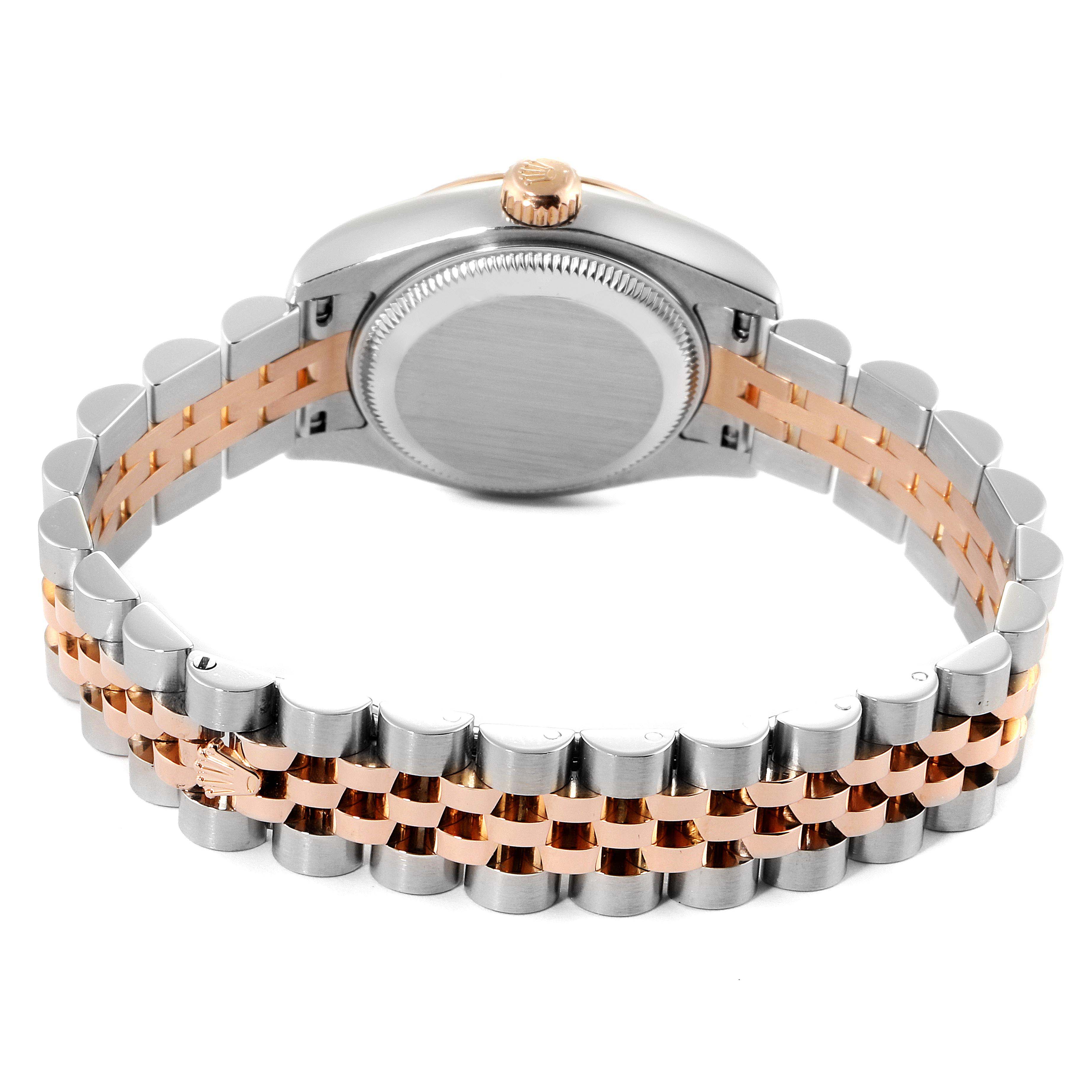 This is a rear view of a Rolex Datejust 179171 Women's Rose Gold Pink Dial 179171 Women's Rose Gold Pink Dial watch, showcasing its case back and two-tone metal bracelet.