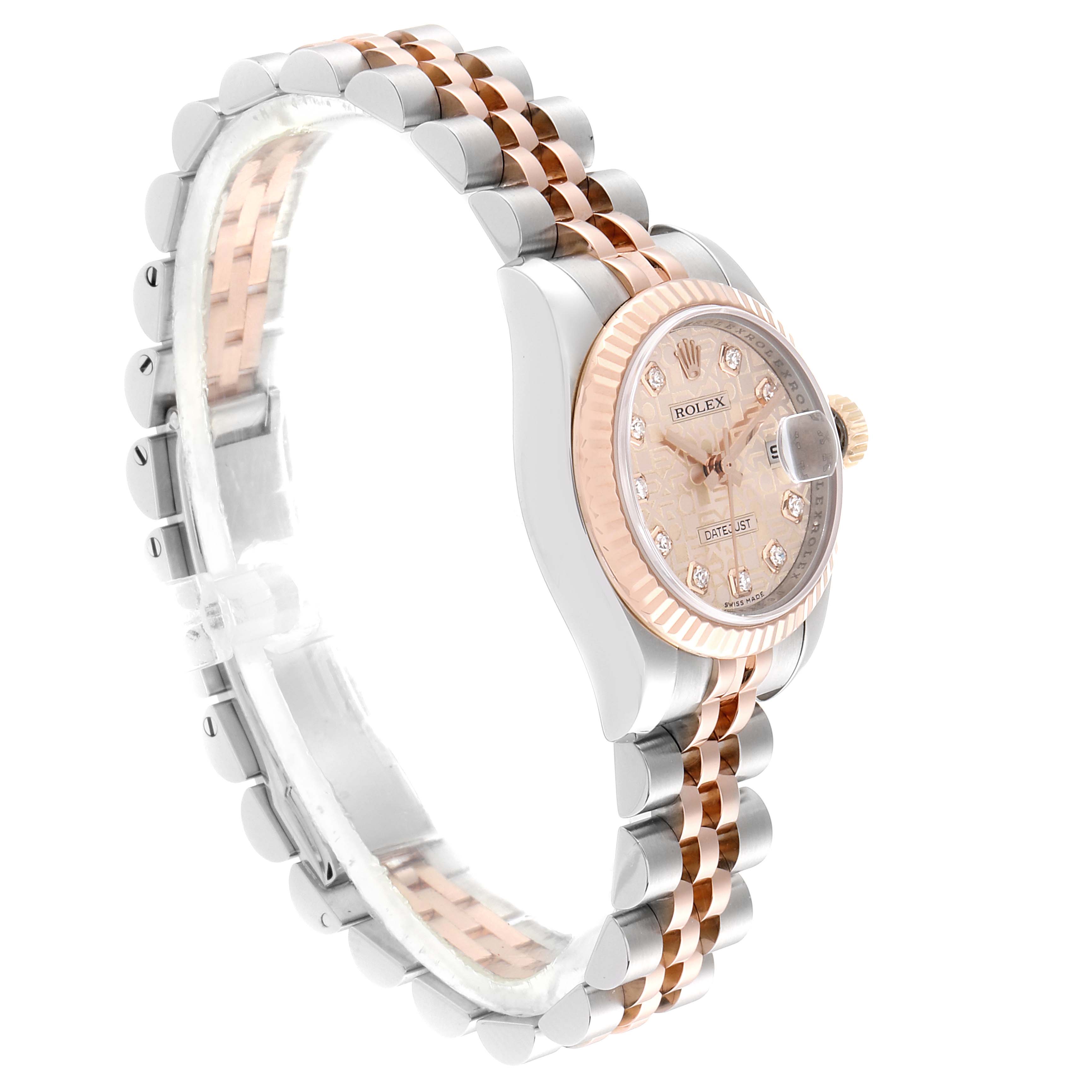 The image shows a side view of a Rolex Datejust 179171 Women's Rose Gold Pink Dial 179171 Women's Rose Gold Pink Dial watch, highlighting the watch face, bezel, case, and two-tone bracelet.