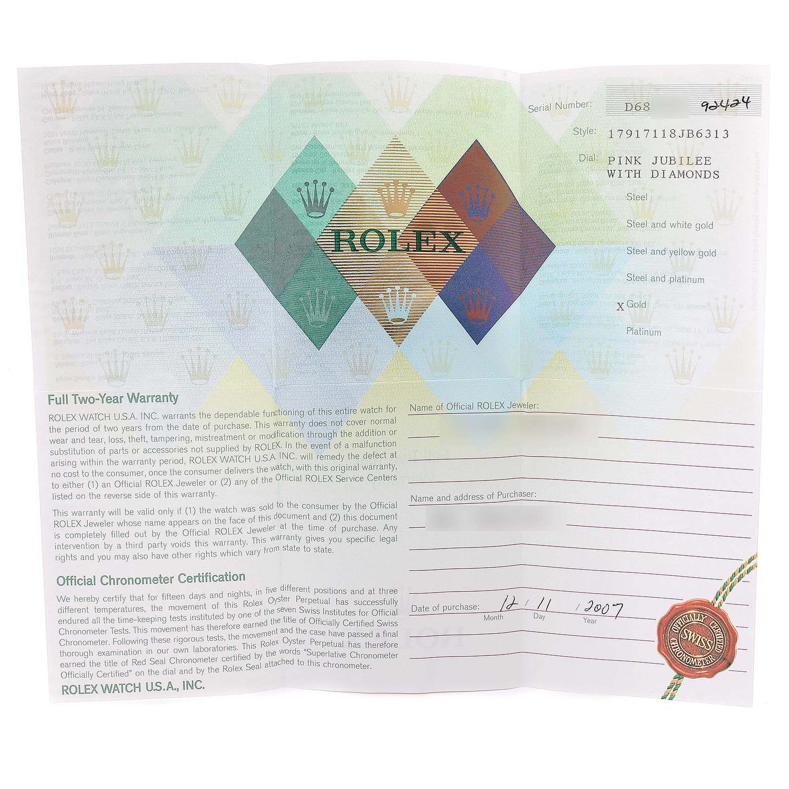 This image shows the warranty card and certification paperwork for a Rolex Datejust 179171 Women's Rose Gold Pink Dial 179171 Women's Rose Gold Pink Dial watch.