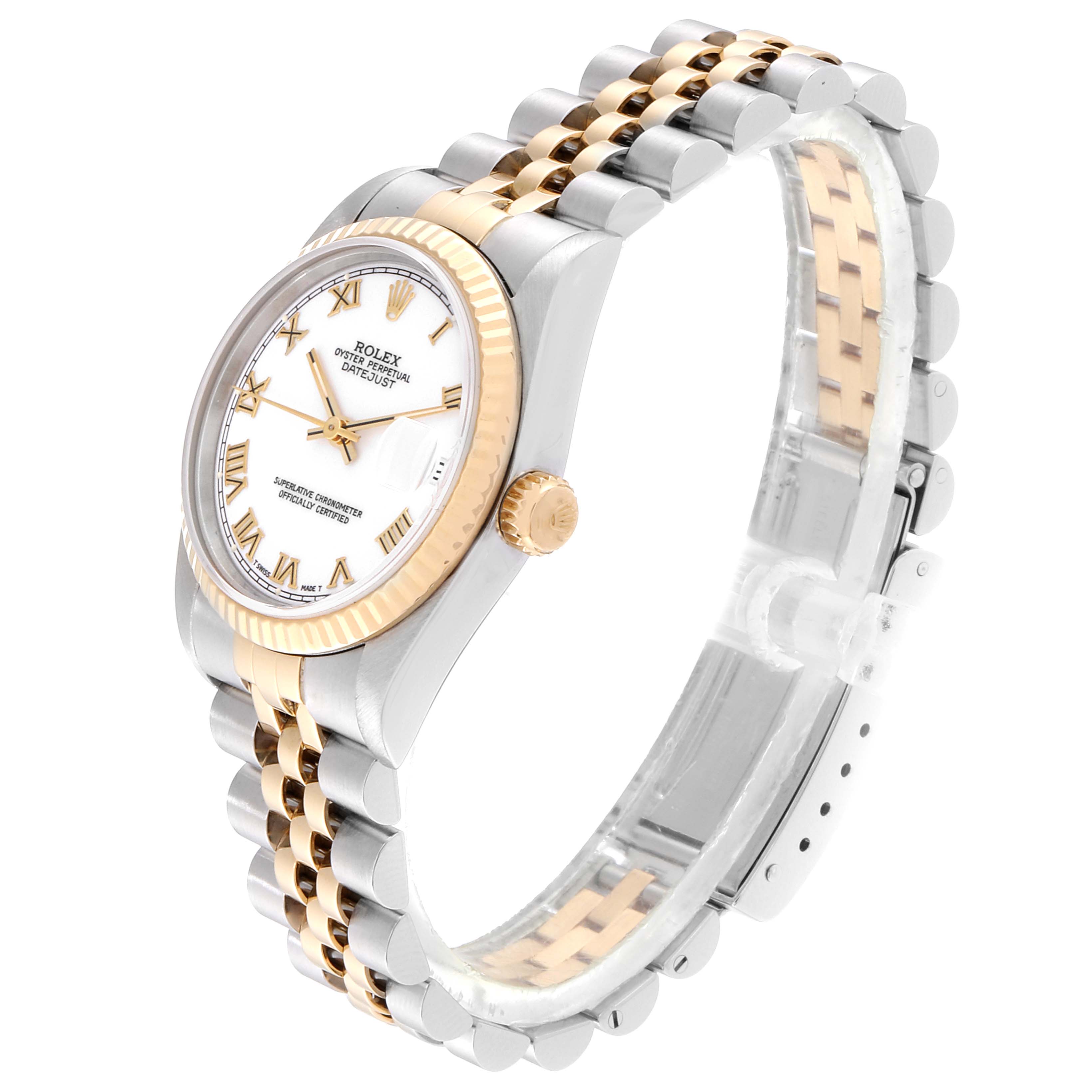 This image shows a side angle view of a Rolex Mid-Size 68273 Women's Steel and Gold (two tone) White Dial 68273 Women's Steel and Gold (two tone) White Dial Datejust, highlighting the face, fluted bezel, and two-tone Jubilee bracelet.