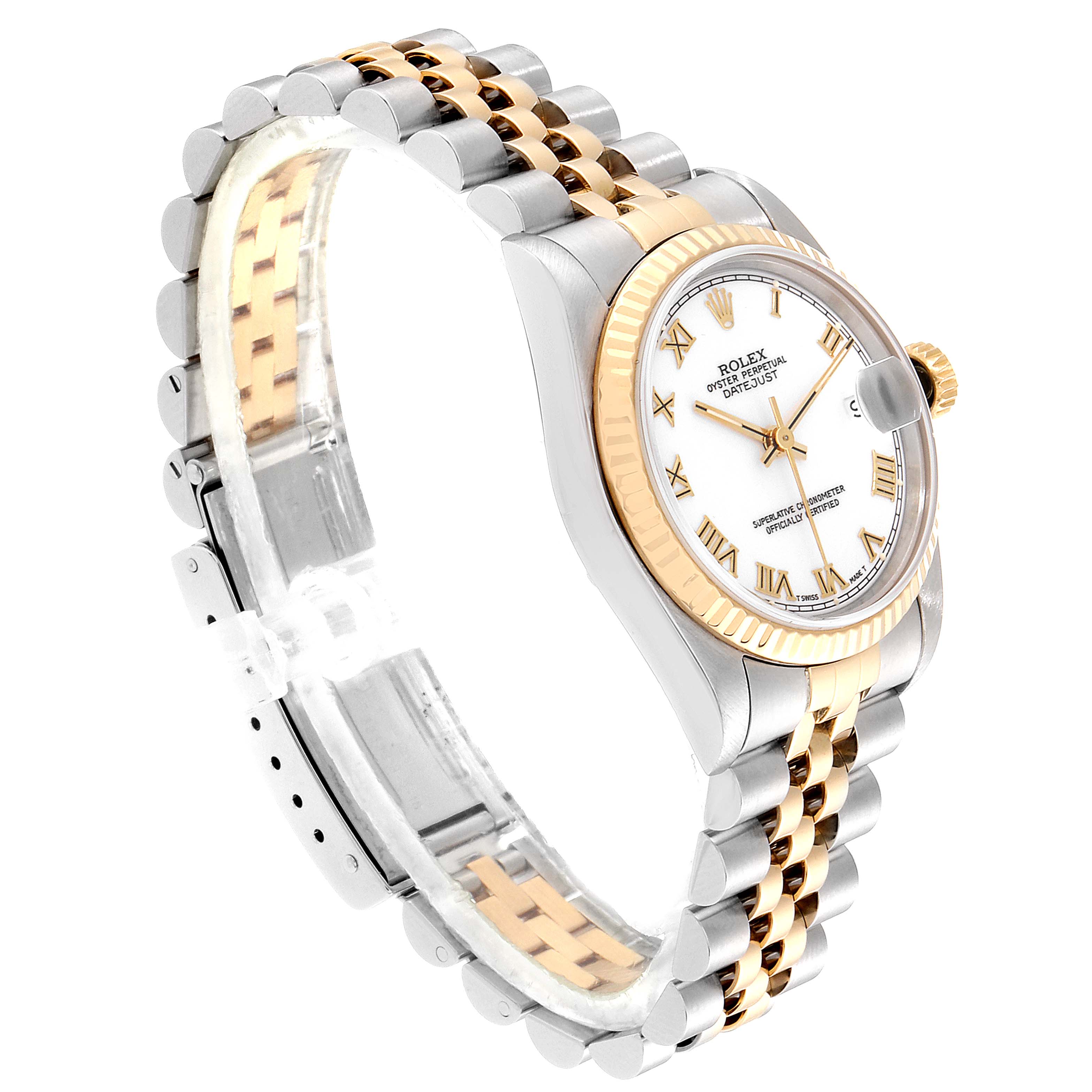 This image shows a side angle of a Rolex Mid-Size 68273 Women's Steel and Gold (two tone) White Dial 68273 Women's Steel and Gold (two tone) White Dial model watch, highlighting the face, bezel, and two-tone bracelet.