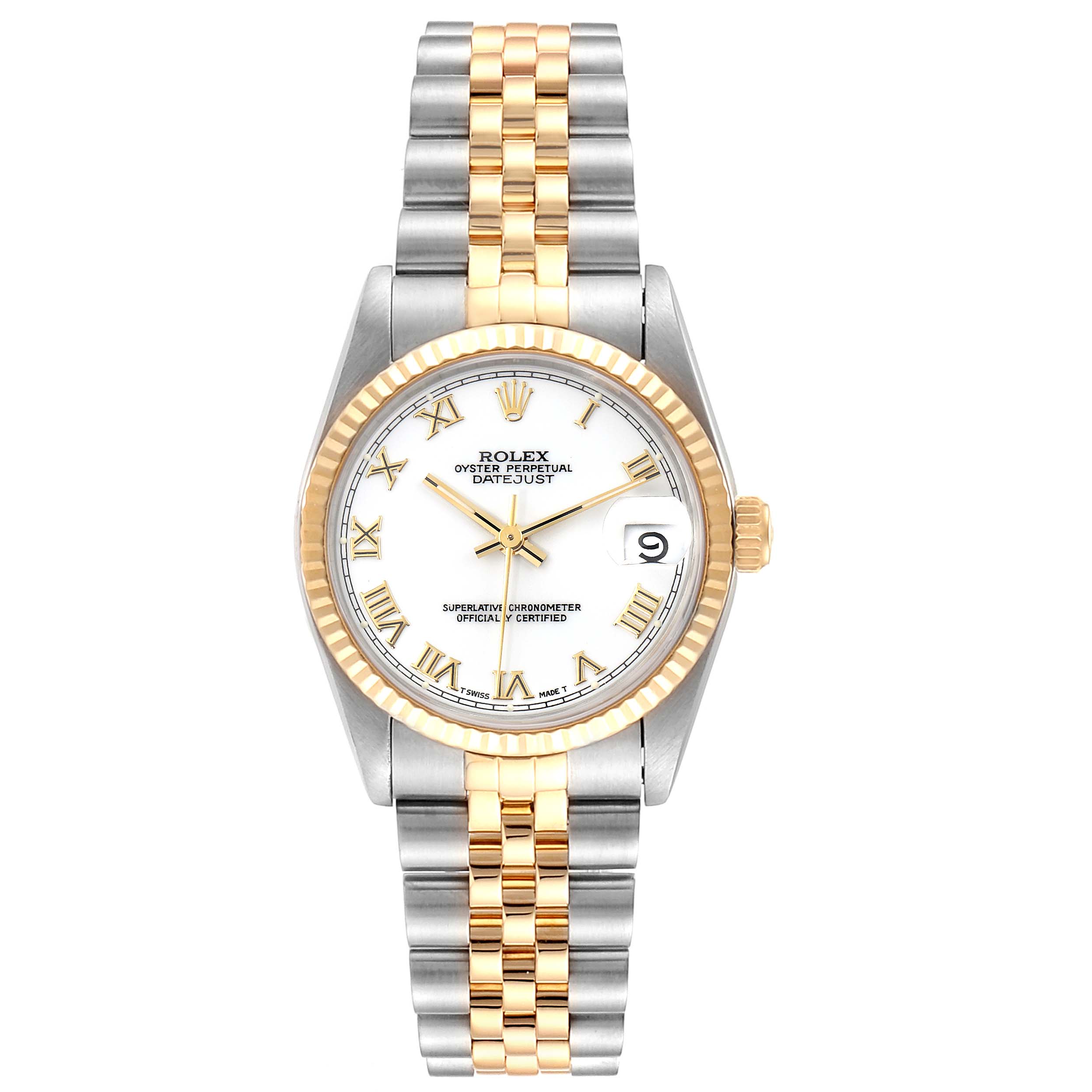 This image shows a front view of a Rolex Datejust Mid-Size watch with a two-tone bracelet and fluted bezel.