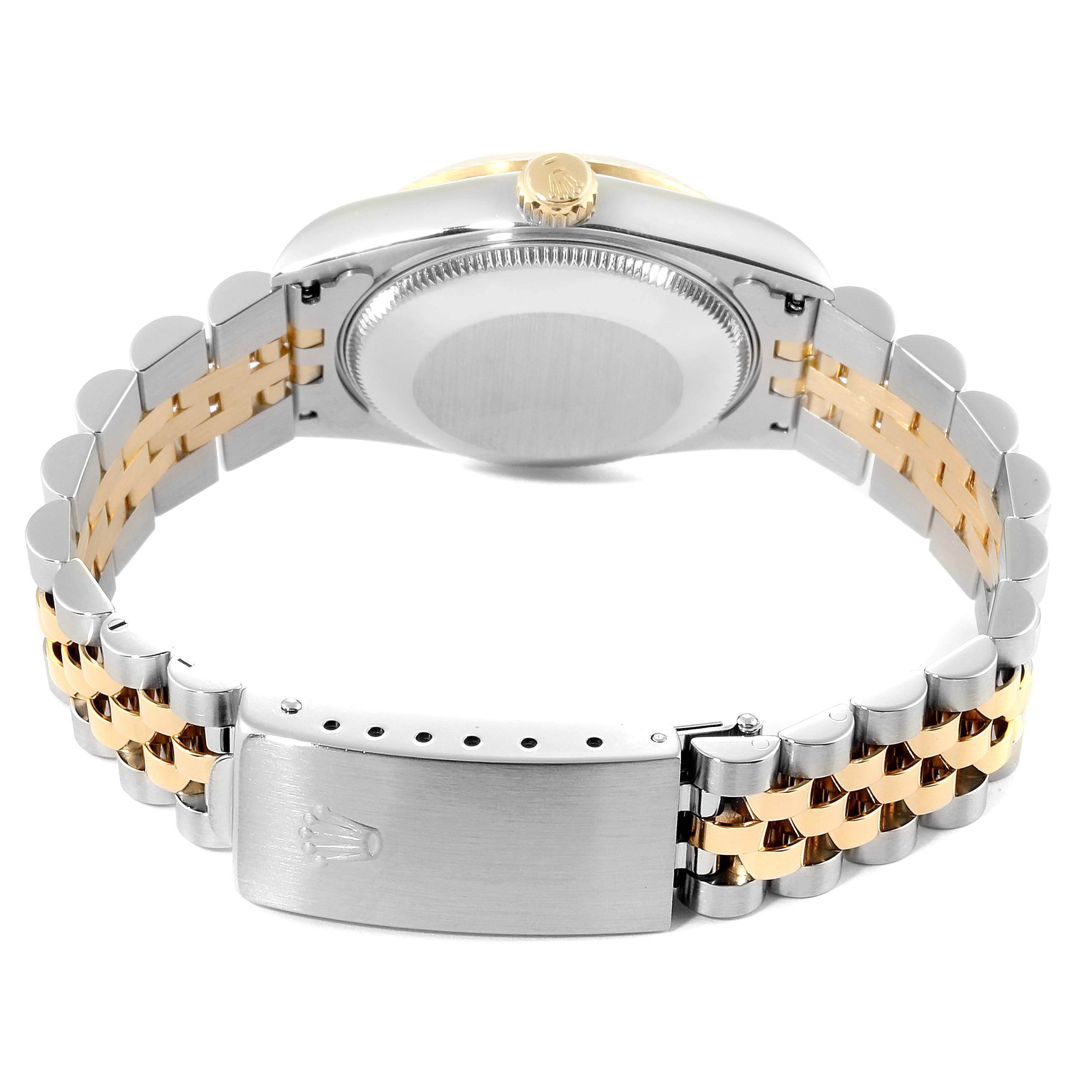 This image shows the back and bracelet of a Mid-Size Rolex watch, featuring a two-tone metal design and a closed clasp.