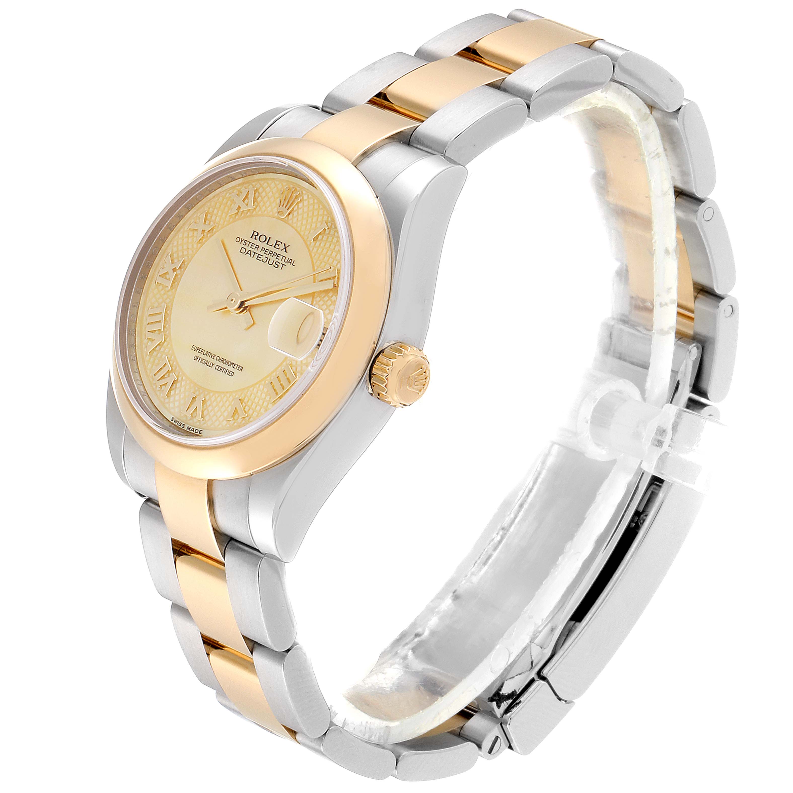 The image shows a side angle view of the Rolex Mid-Size 178243 Women's Steel and Gold (two tone) Mother of Pearl Dial 178243 Women's Steel and Gold (two tone) Mother of Pearl Dial model, highlighting its gold bezel, dial, and two-tone bracelet.