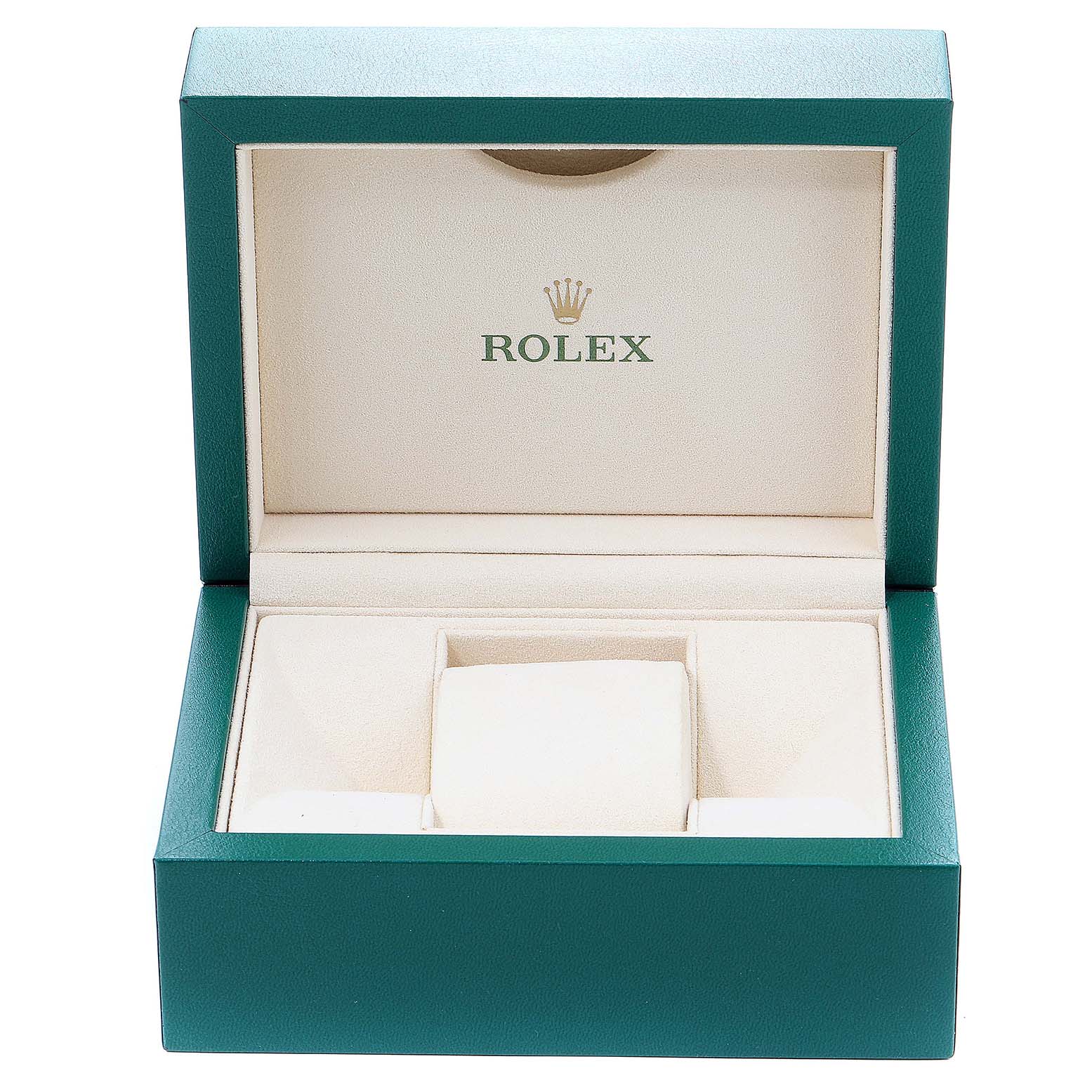 The image shows an open green and beige Rolex box meant for a Mid-Size Rolex watch, viewed from the front.