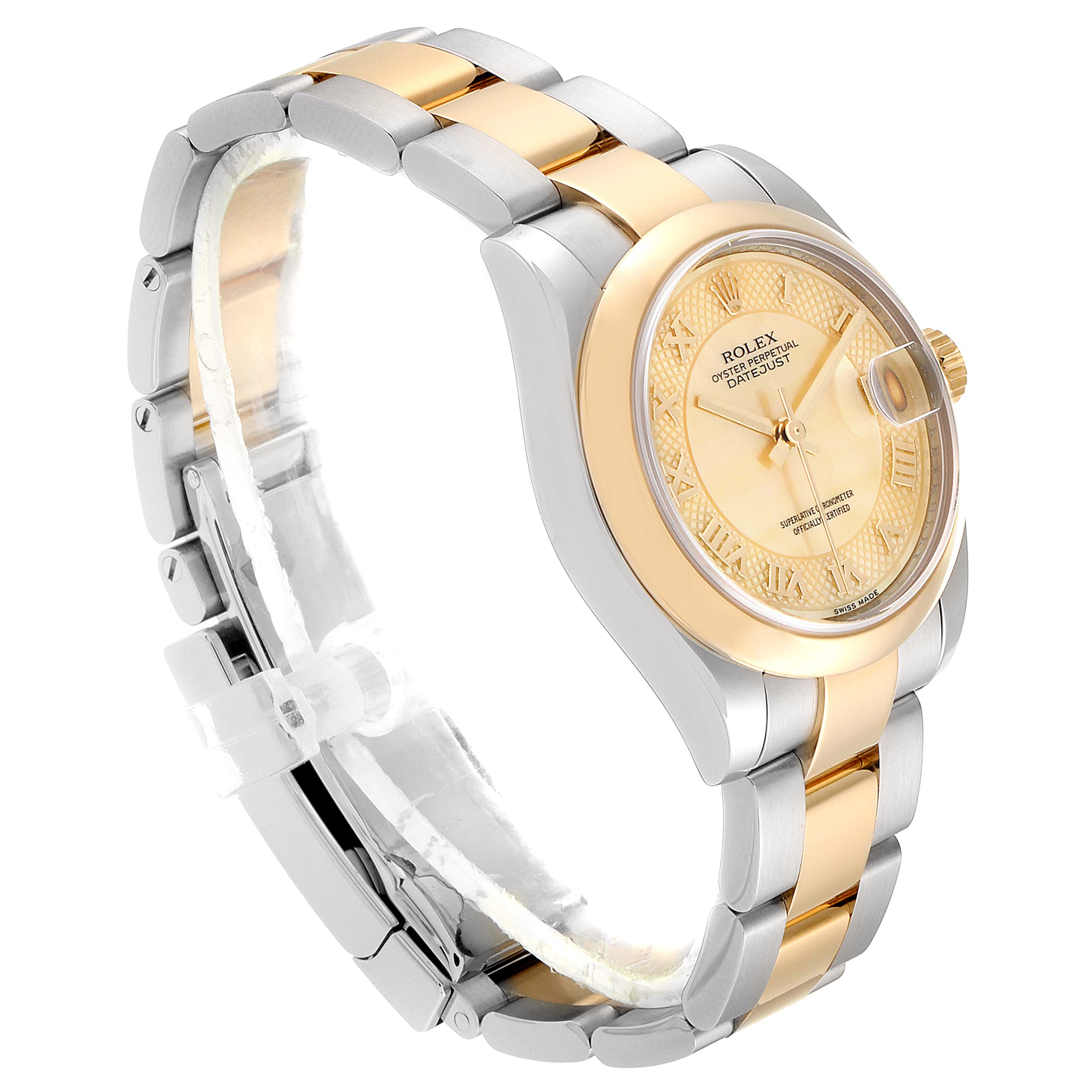 The image shows a side-angle view of a Mid-Size Rolex Oyster Perpetual Datejust watch, highlighting its two-tone bracelet and dial.