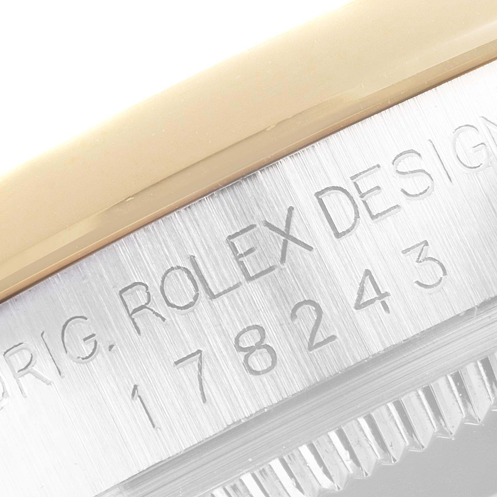 The image shows a close-up of the case side of a Mid-Size Rolex watch, highlighting the model number "178243" and "Rolex Design" engraving.