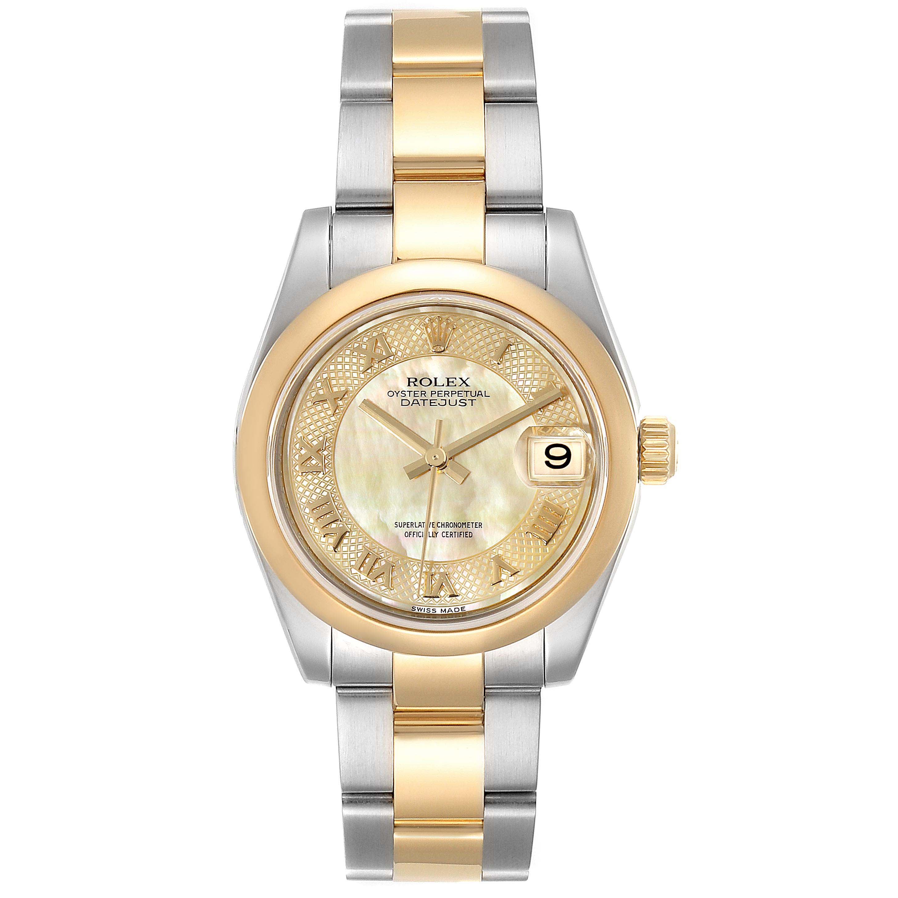 The image shows a front view of a Rolex Mid-Size 178243 Women's Steel and Gold (two tone) Mother of Pearl Dial 178243 Women's Steel and Gold (two tone) Mother of Pearl Dial Oyster Perpetual Datejust watch, featuring a two-tone metal band and a gold bezel.