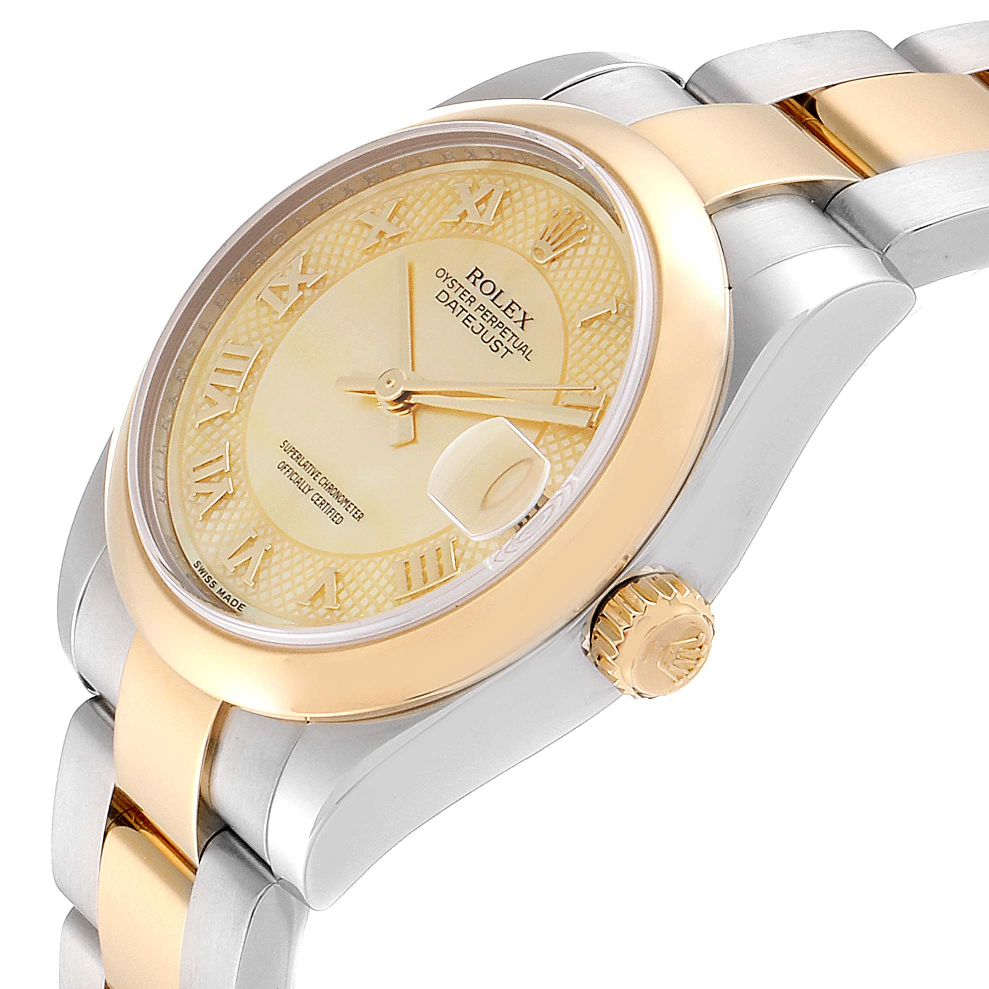 The Rolex Mid-Size 178243 Women's Steel and Gold (two tone) Mother of Pearl Dial 178243 Women's Steel and Gold (two tone) Mother of Pearl Dial model shows the case, crown, dial, bezel, and part of the bracelet, viewed from an angled side perspective.