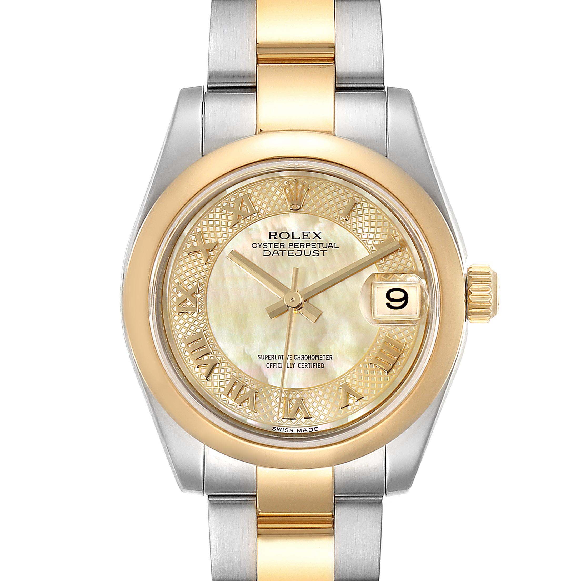 This is a frontal view of a Rolex Datejust Mid-Size watch, showcasing its dial, bezel, and part of the bracelet.