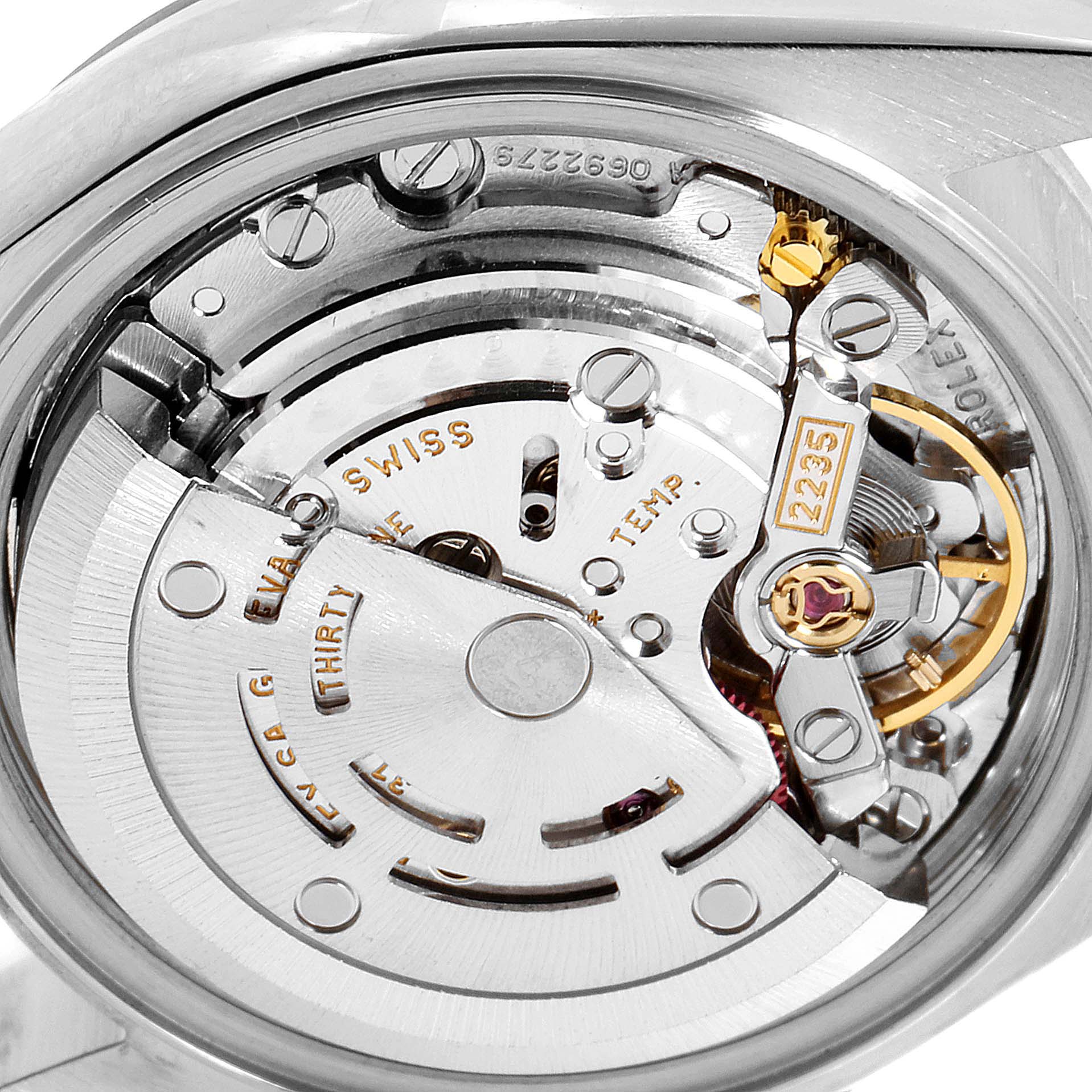 This is a close-up view of the movement mechanism inside a Rolex Datejust 79174 Women's Stainless Steel Mother of Pearl Dial 79174 Women's Stainless Steel Mother of Pearl Dial watch.