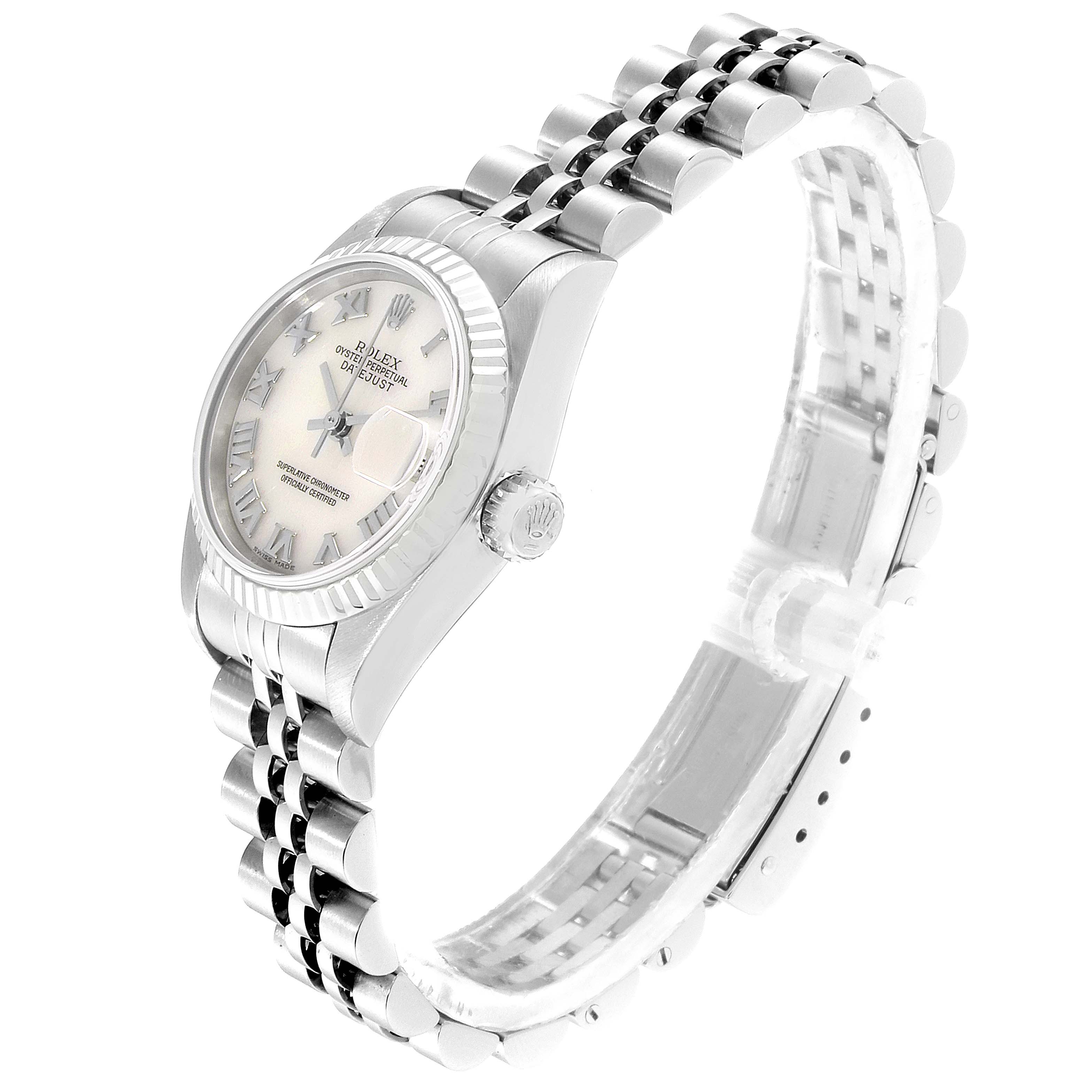The image shows a side view of a Rolex Datejust 79174 Women's Stainless Steel Mother of Pearl Dial 79174 Women's Stainless Steel Mother of Pearl Dial watch, highlighting its face, bezel, and bracelet.