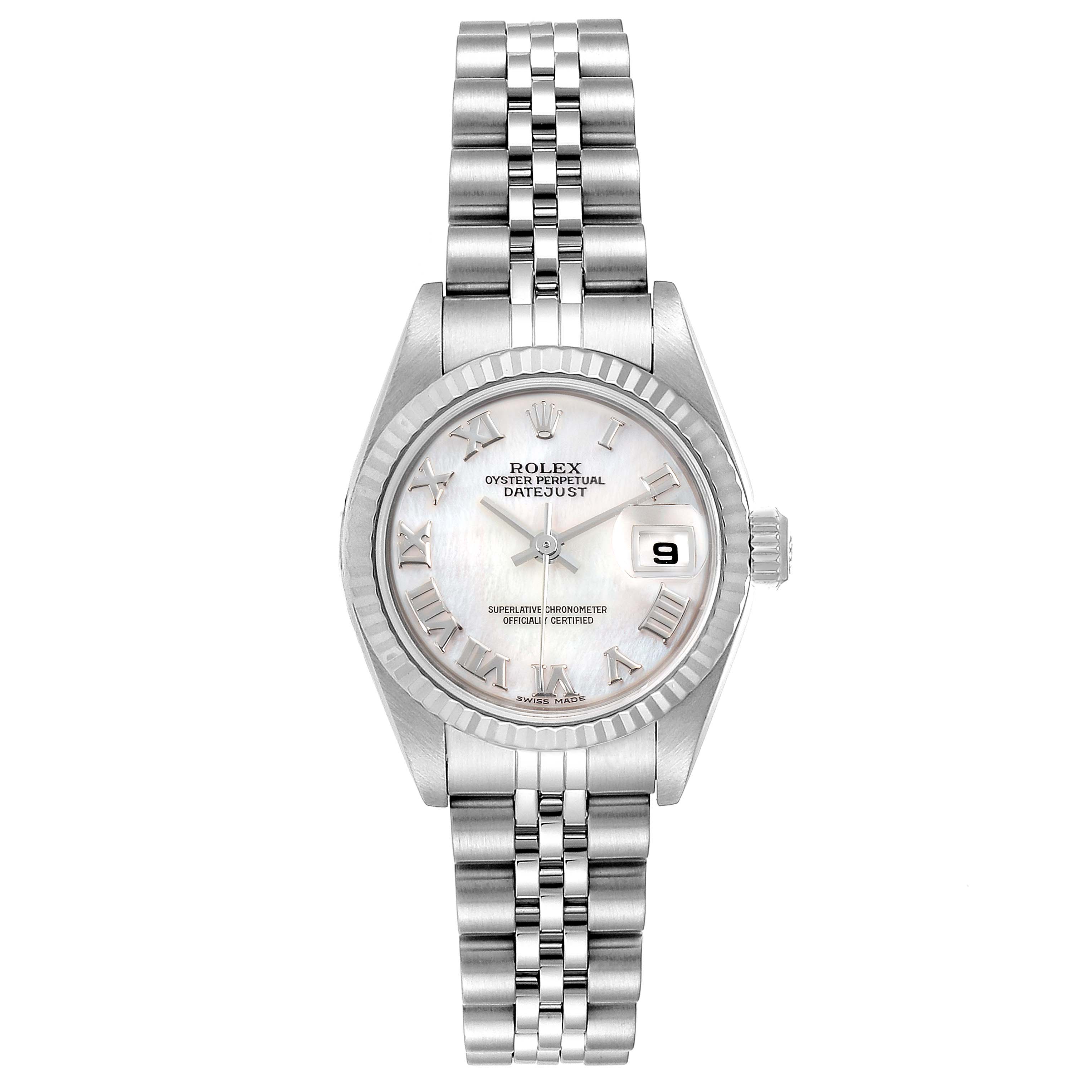 This image shows a front view of a Rolex Datejust 79174 Women's Stainless Steel Mother of Pearl Dial 79174 Women's Stainless Steel Mother of Pearl Dial watch, featuring its face, bezel, crown, and bracelet.