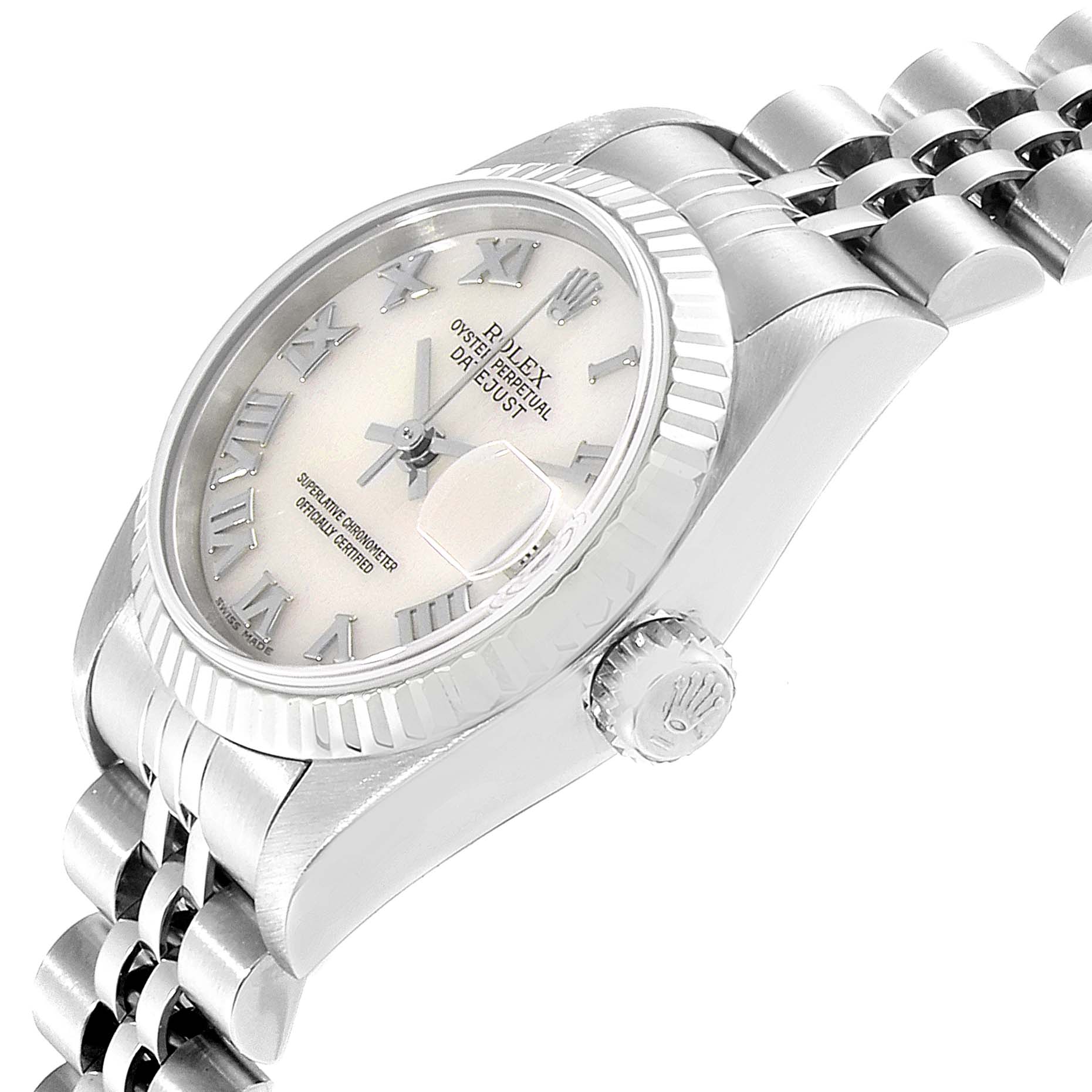 This image shows a side-angle view of a Rolex Datejust 79174 Women's Stainless Steel Mother of Pearl Dial 79174 Women's Stainless Steel Mother of Pearl Dial watch, featuring the dial, bezel, crown, and part of the bracelet.