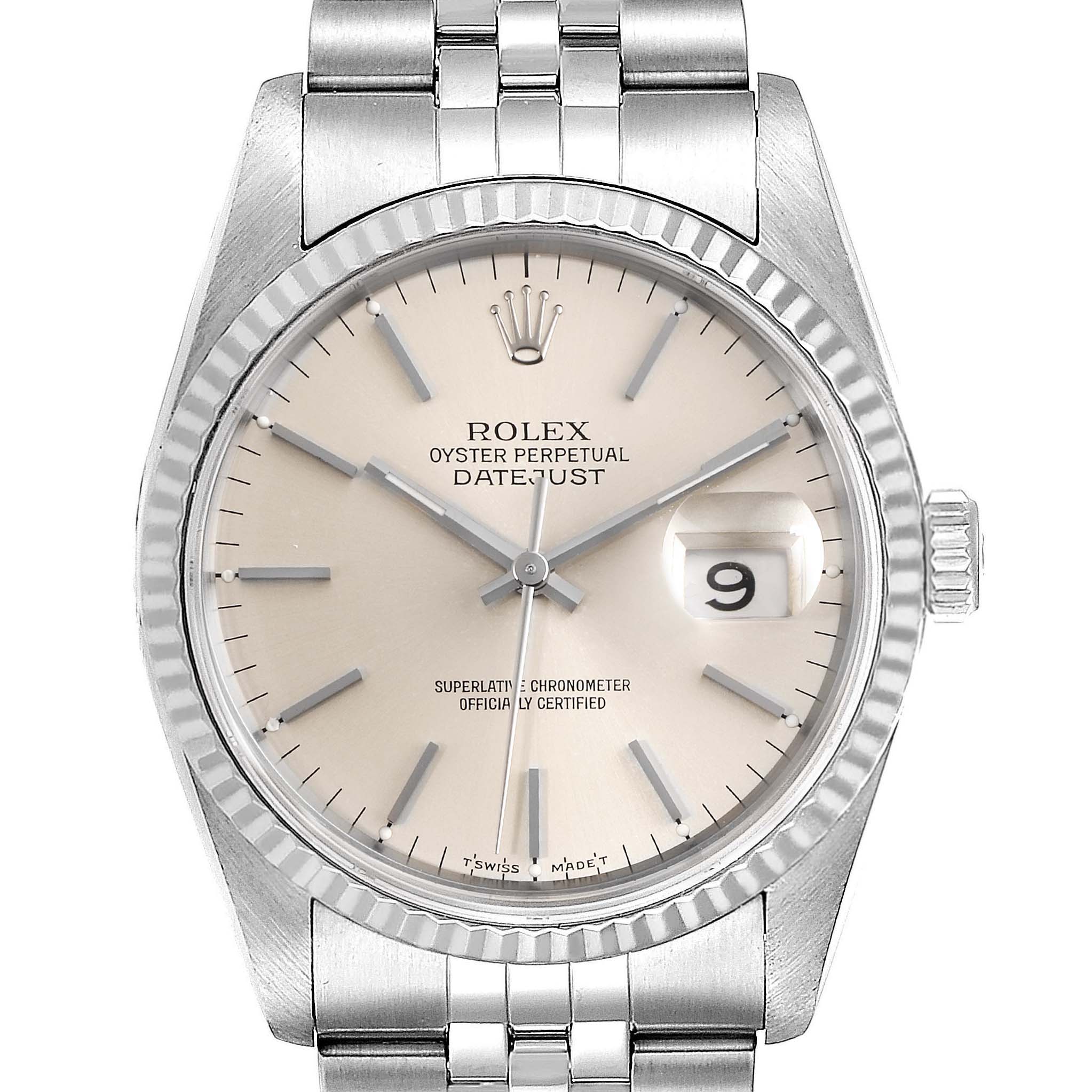 This image shows a front view of the dial, bezel, case, and bracelet of a Rolex Datejust 16234 Men's Stainless Steel Silver Dial 16234 Men's Stainless Steel Silver Dial watch.