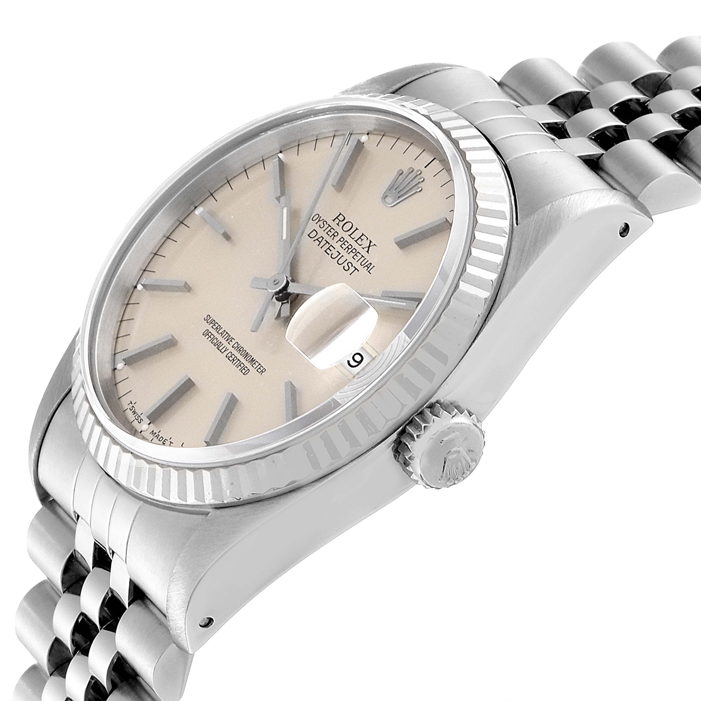 This image shows the Rolex Datejust 16234 Men's Stainless Steel Silver Dial 16234 Men's Stainless Steel Silver Dial watch from an oblique side angle featuring the face, bezel, crown, and part of the bracelet.