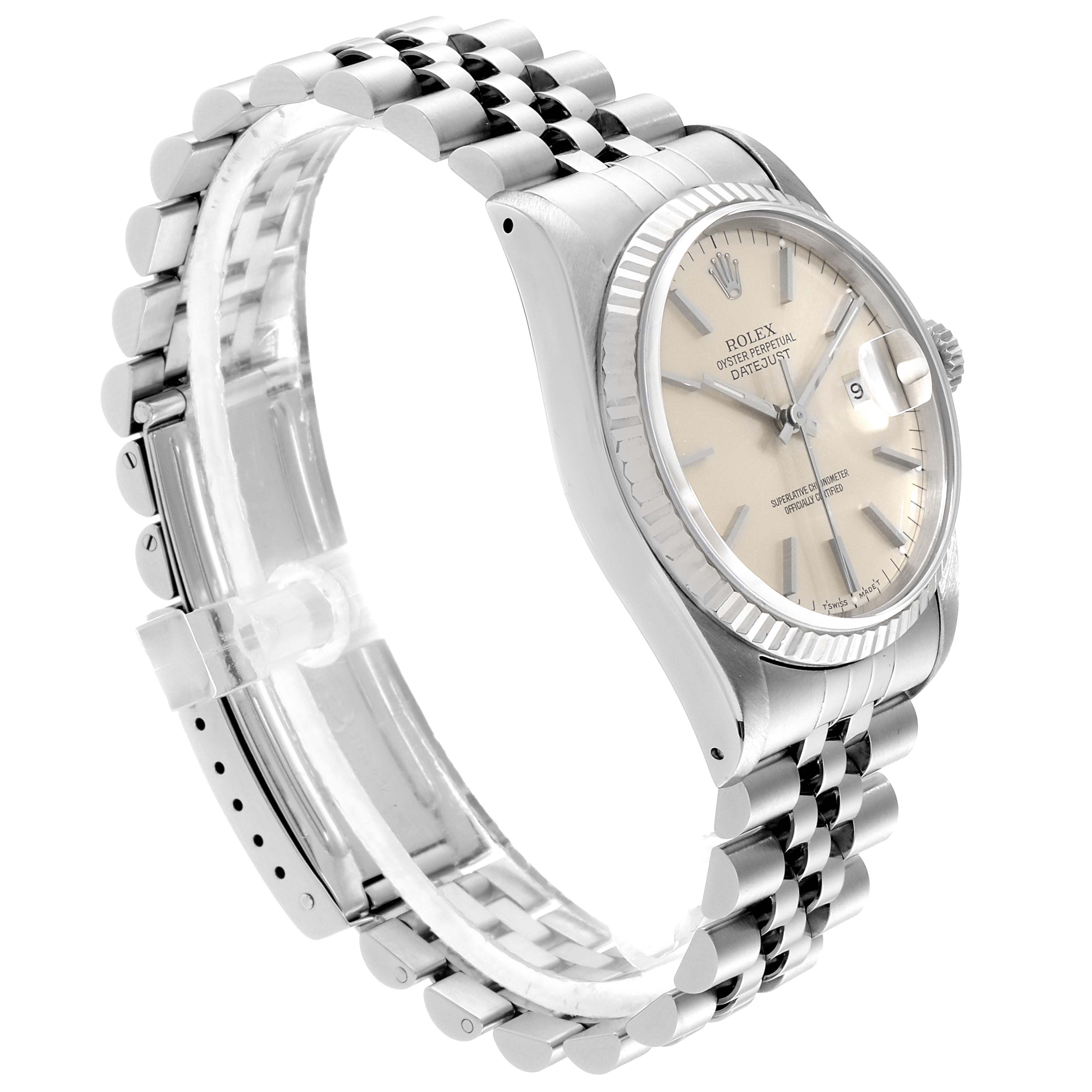 The Rolex Datejust 16234 Men's Stainless Steel Silver Dial 16234 Men's Stainless Steel Silver Dial watch is shown from a side-angle, highlighting the face, bezel, and Jubilee bracelet.