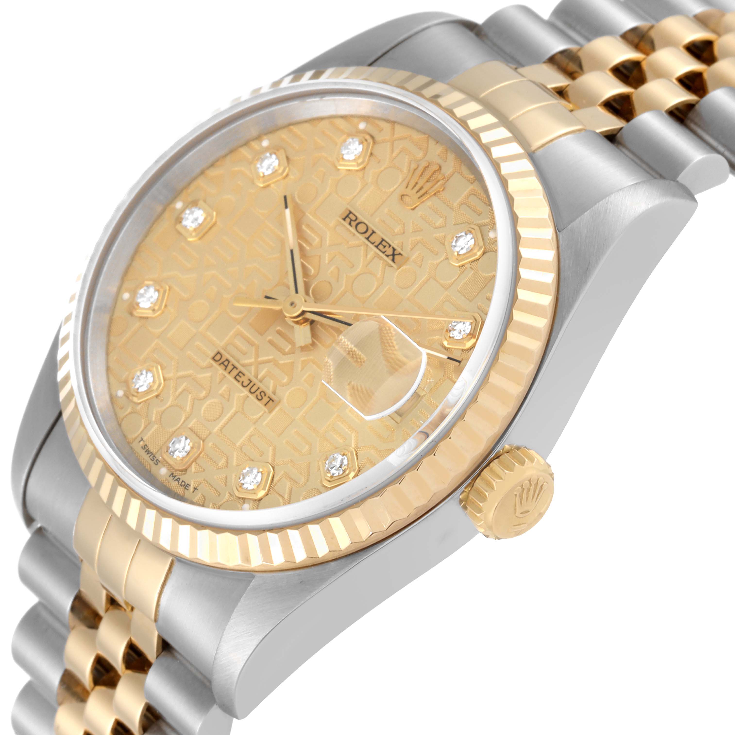 This image shows a close-up angled view of the Rolex Datejust 16233 Men's Steel and Gold (two tone) Champagne Dial 16233 Men's Steel and Gold (two tone) Champagne Dial watch, highlighting the dial, crown, bezel, and part of the bracelet.