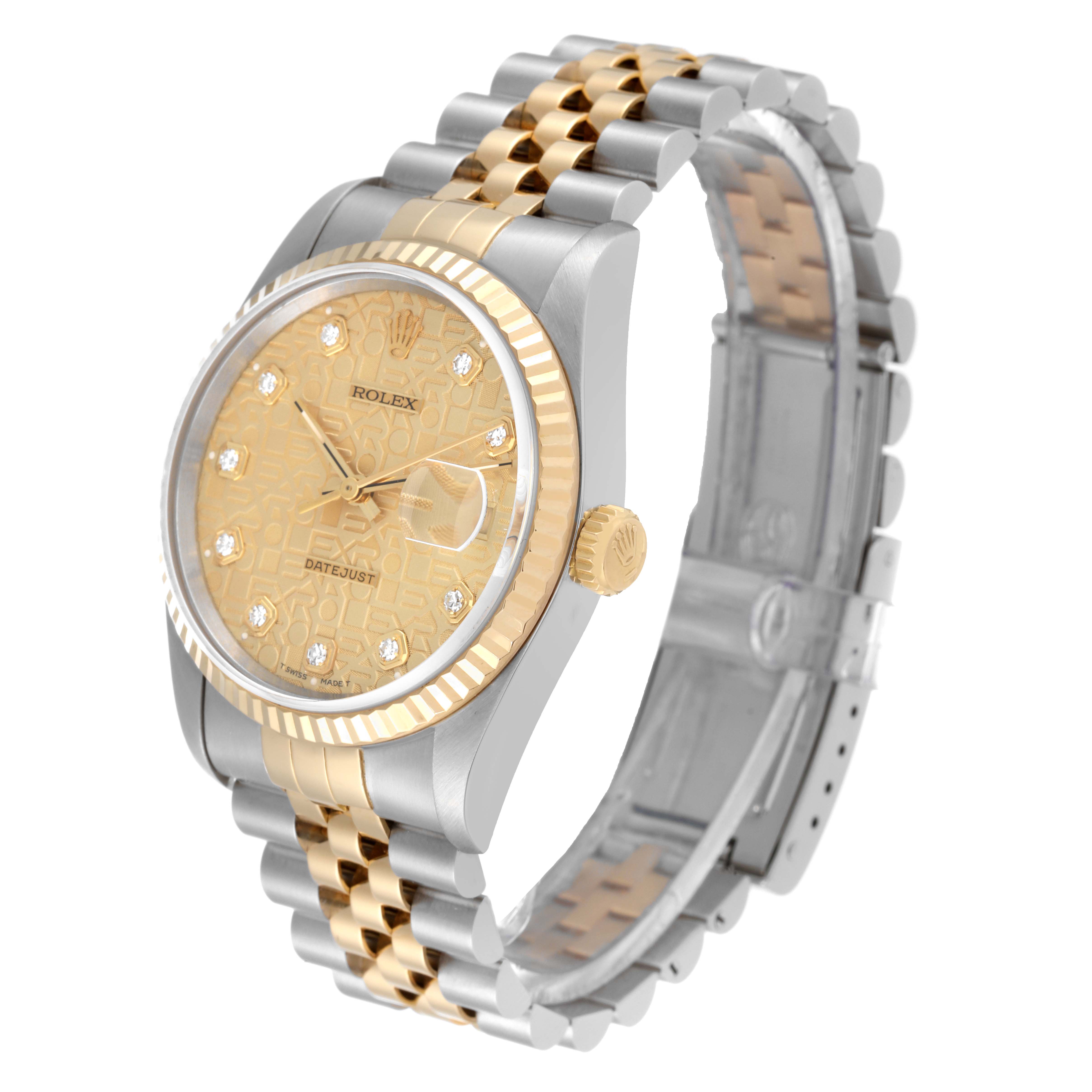 The Rolex Datejust 16233 Men's Steel and Gold (two tone) Champagne Dial 16233 Men's Steel and Gold (two tone) Champagne Dial watch is shown at a slight angle, highlighting the bezel, dial, crown, and jubilee bracelet.