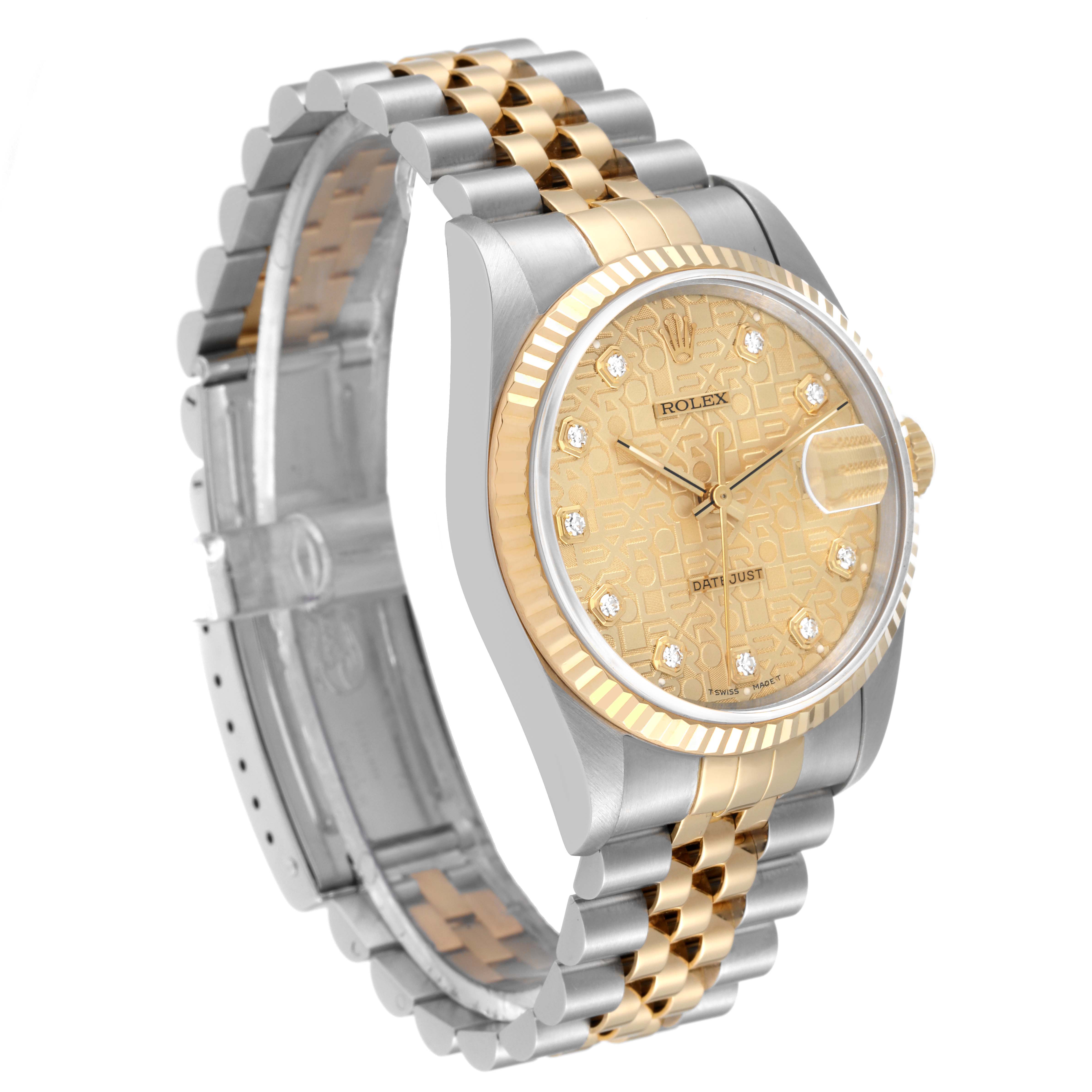This Rolex Datejust 16233 Men's Steel and Gold (two tone) Champagne Dial 16233 Men's Steel and Gold (two tone) Champagne Dial watch is shown from a front angle, highlighting the gold and steel bracelet, gold dial, and fluted bezel.