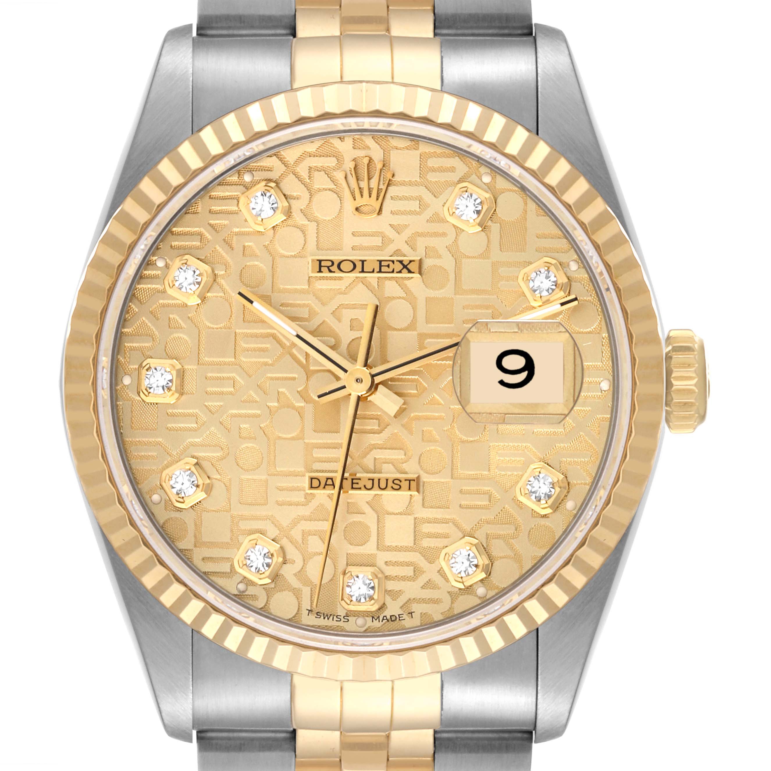 This image shows a front view of a Rolex Datejust 16233 Men's Steel and Gold (two tone) Champagne Dial 16233 Men's Steel and Gold (two tone) Champagne Dial watch, featuring its face, bezel, crown, and the top portions of the bracelet.