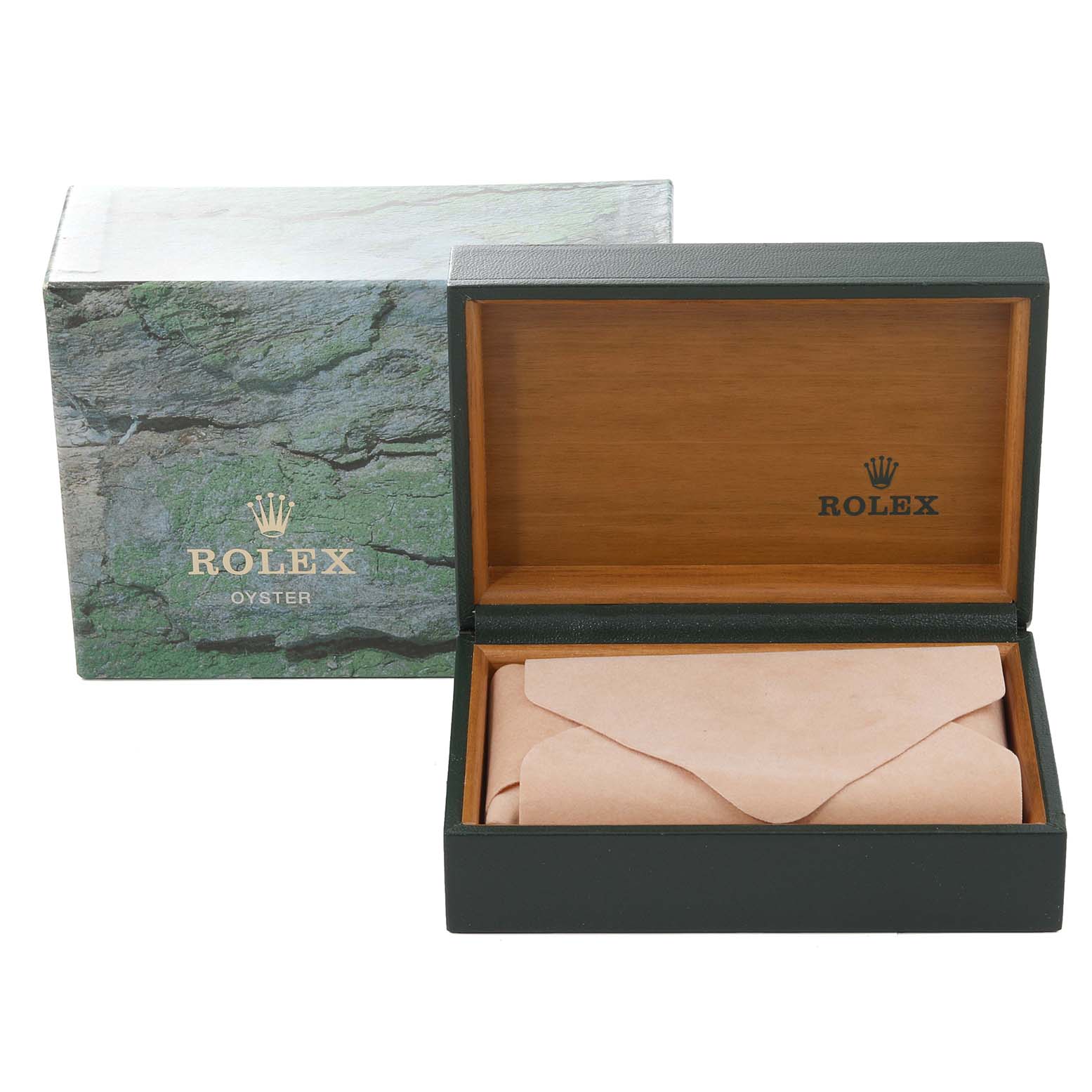 The image shows the opened wooden box and outer packaging for a Rolex Datejust 16233 Men's Steel and Gold (two tone) Champagne Dial 16233 Men's Steel and Gold (two tone) Champagne Dial watch.