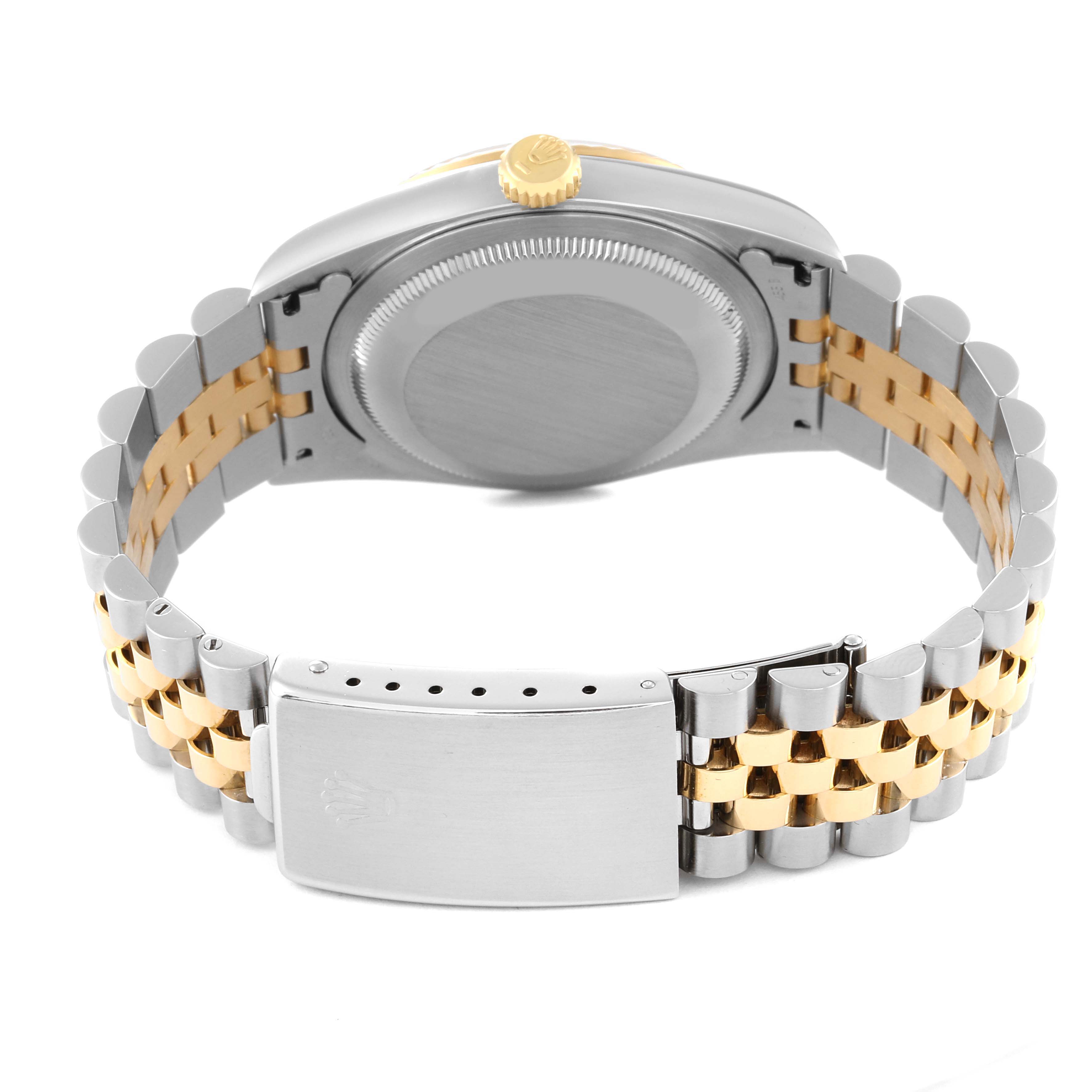 The image shows the back view of a Rolex Datejust 16233 Men's Steel and Gold (two tone) Champagne Dial 16233 Men's Steel and Gold (two tone) Champagne Dial watch, highlighting the case back, Jubilee bracelet, and clasp.