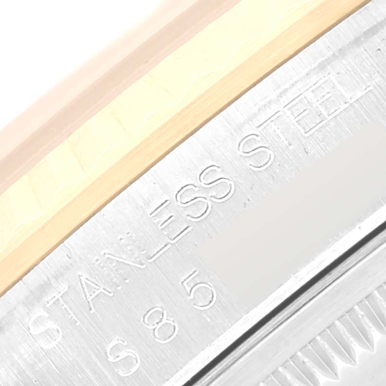 This image shows a close-up of a stainless steel part of the Datejust model Rolex watch.