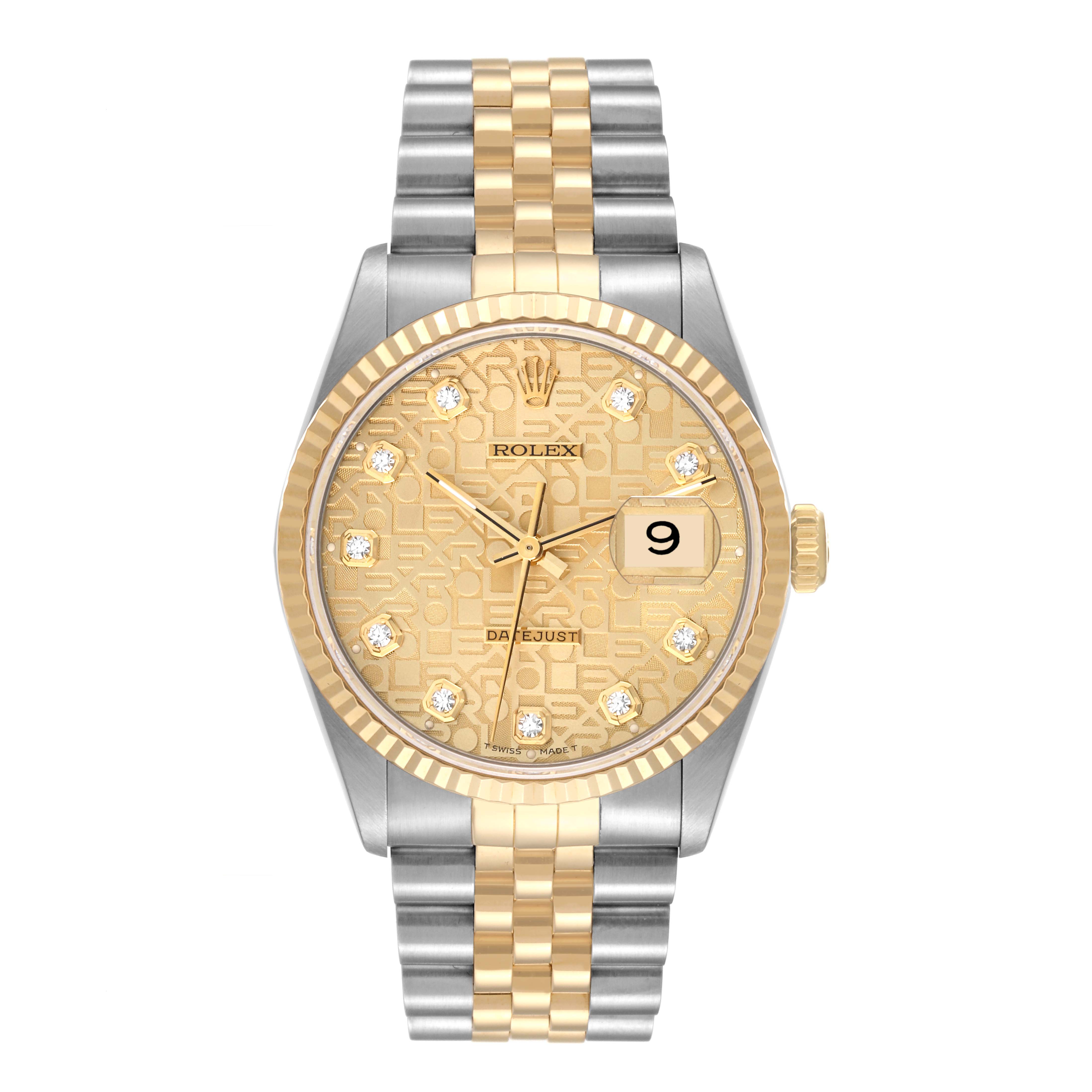 The image shows a Rolex Datejust 16233 Men's Steel and Gold (two tone) Champagne Dial 16233 Men's Steel and Gold (two tone) Champagne Dial watch from a front view, highlighting the dial, bezel, and bracelet.