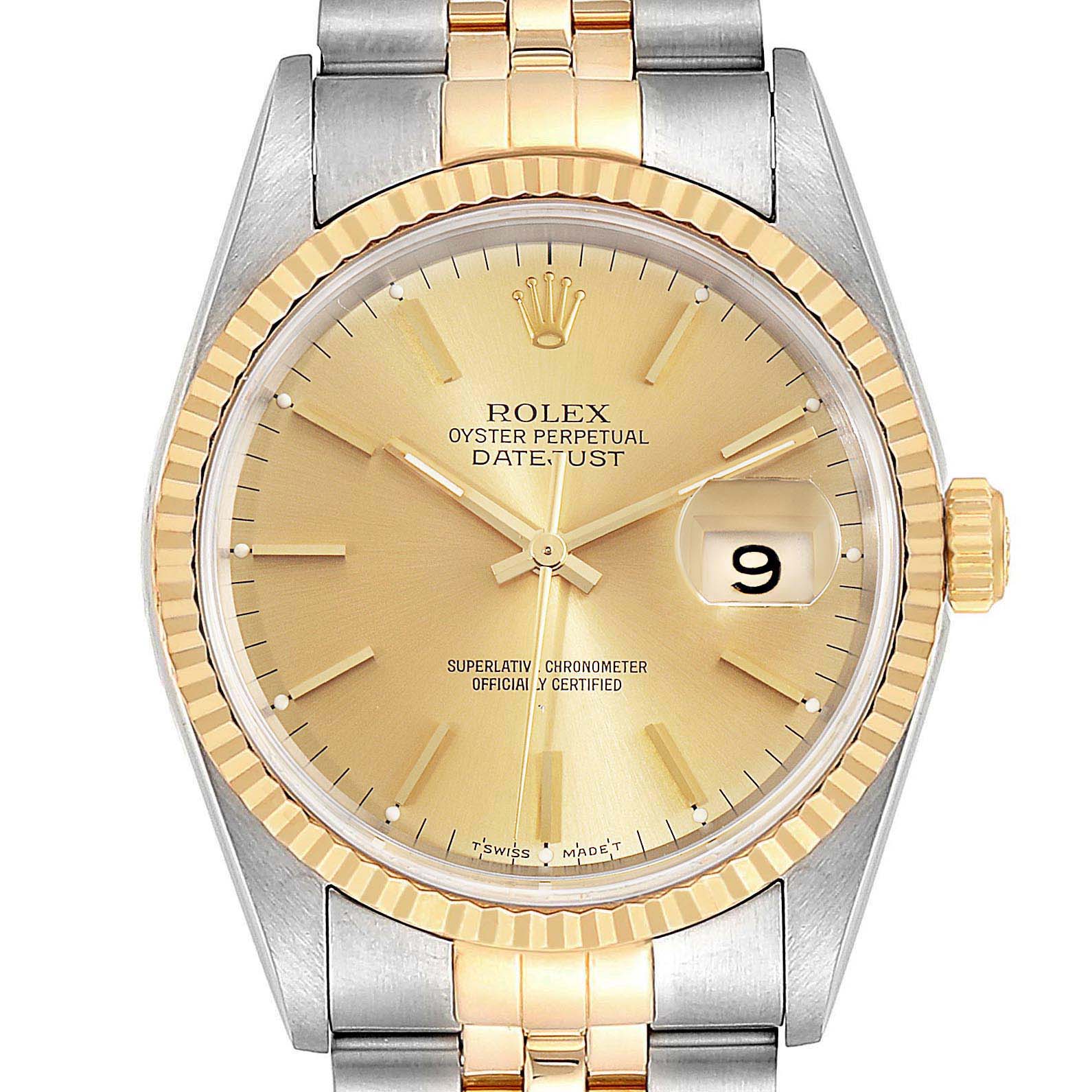 The image shows a front view of the Rolex Datejust 16233 Men's Steel and Gold (two tone) Champagne Dial 16233 Men's Steel and Gold (two tone) Champagne Dial watch highlighting the dial, bezel, date display, and part of the bracelet.
