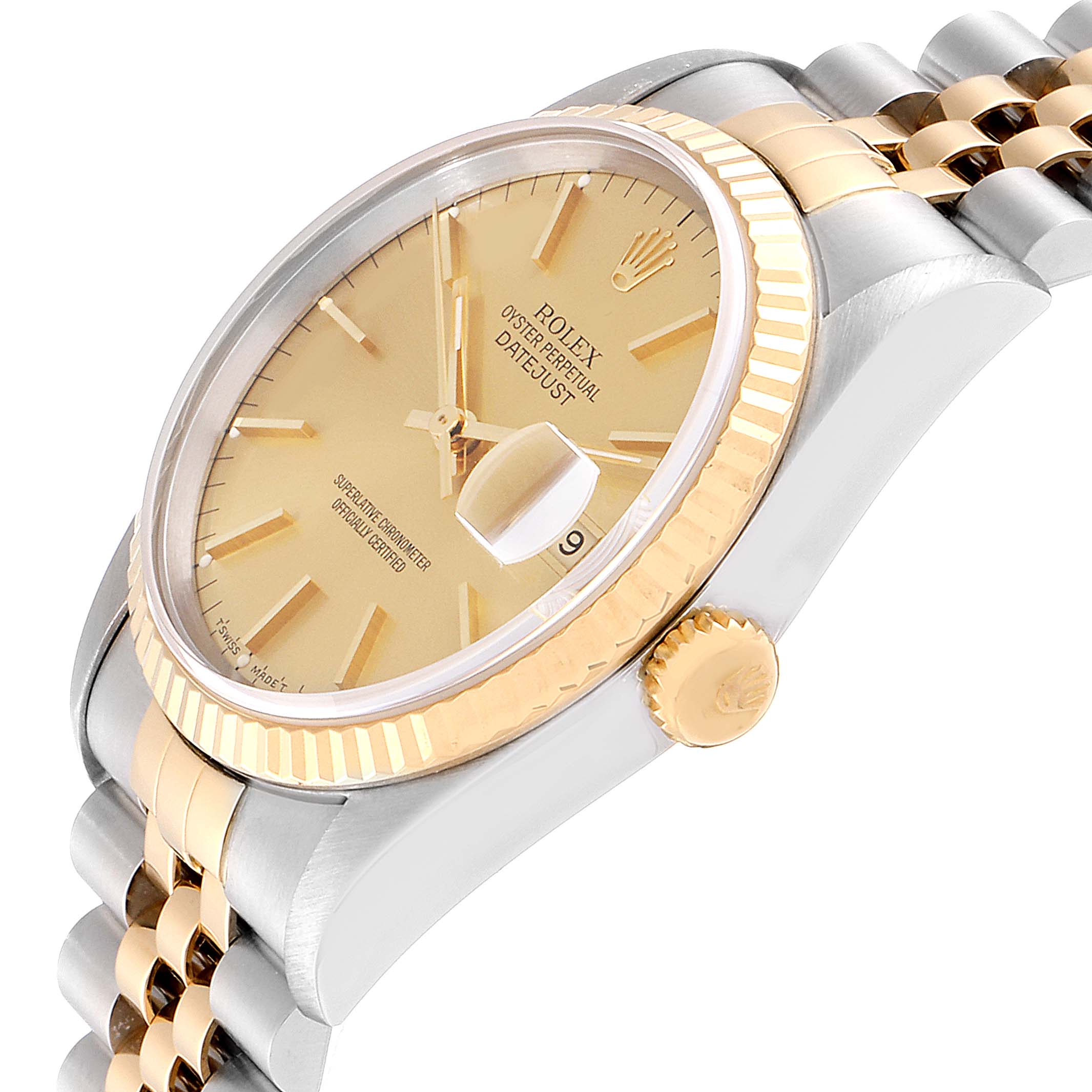 The image shows a Rolex Datejust 16233 Men's Steel and Gold (two tone) Champagne Dial 16233 Men's Steel and Gold (two tone) Champagne Dial watch at a side angle, highlighting the bezel, crown, and part of the jubilee bracelet.