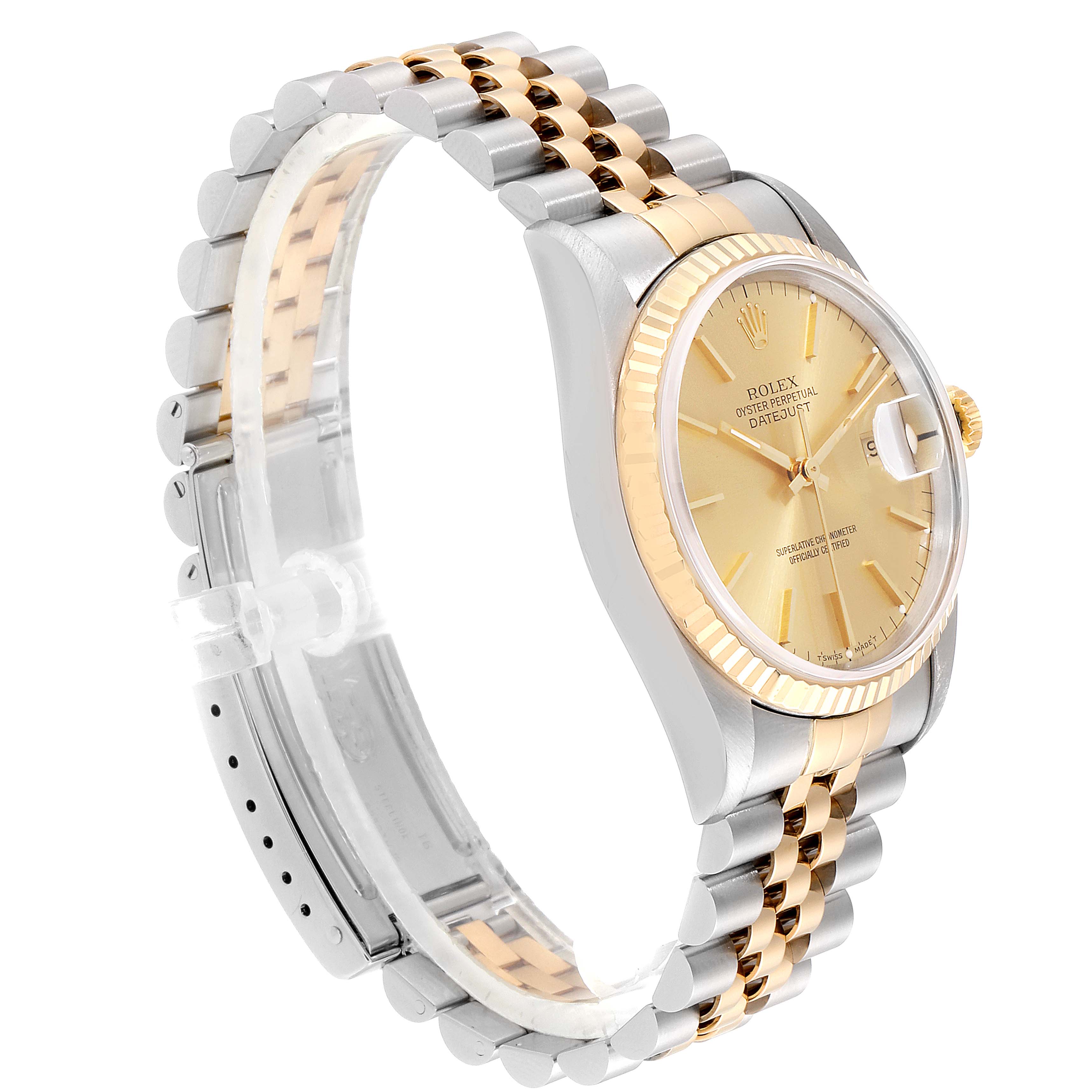 The Rolex Datejust 16233 Men's Steel and Gold (two tone) Champagne Dial 16233 Men's Steel and Gold (two tone) Champagne Dial watch is shown at a side angle, highlighting the two-tone bracelet and the gold dial.