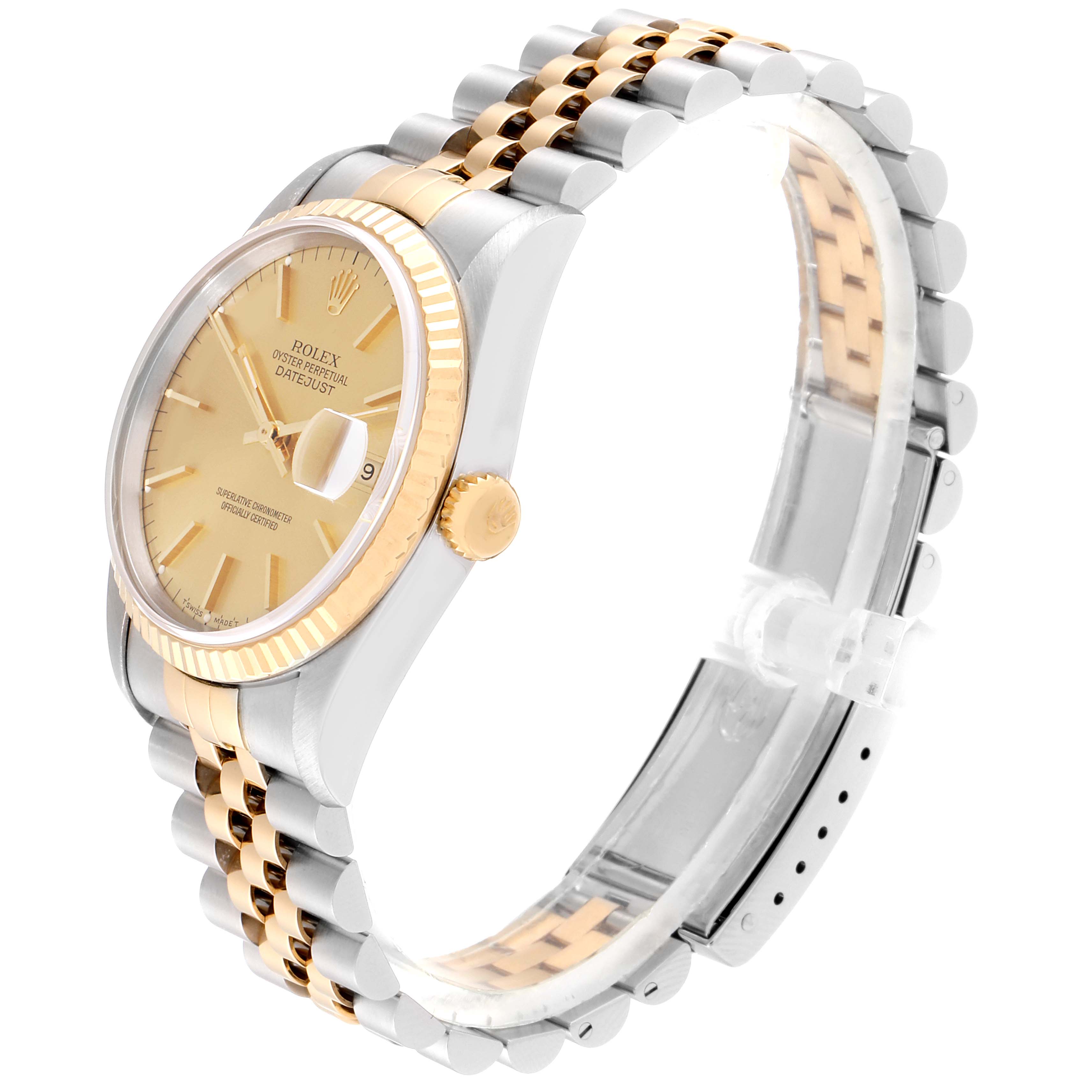 The image shows a Rolex Datejust 16233 Men's Steel and Gold (two tone) Champagne Dial 16233 Men's Steel and Gold (two tone) Champagne Dial watch angled to display the face, bezel, crown, and partially the bracelet.
