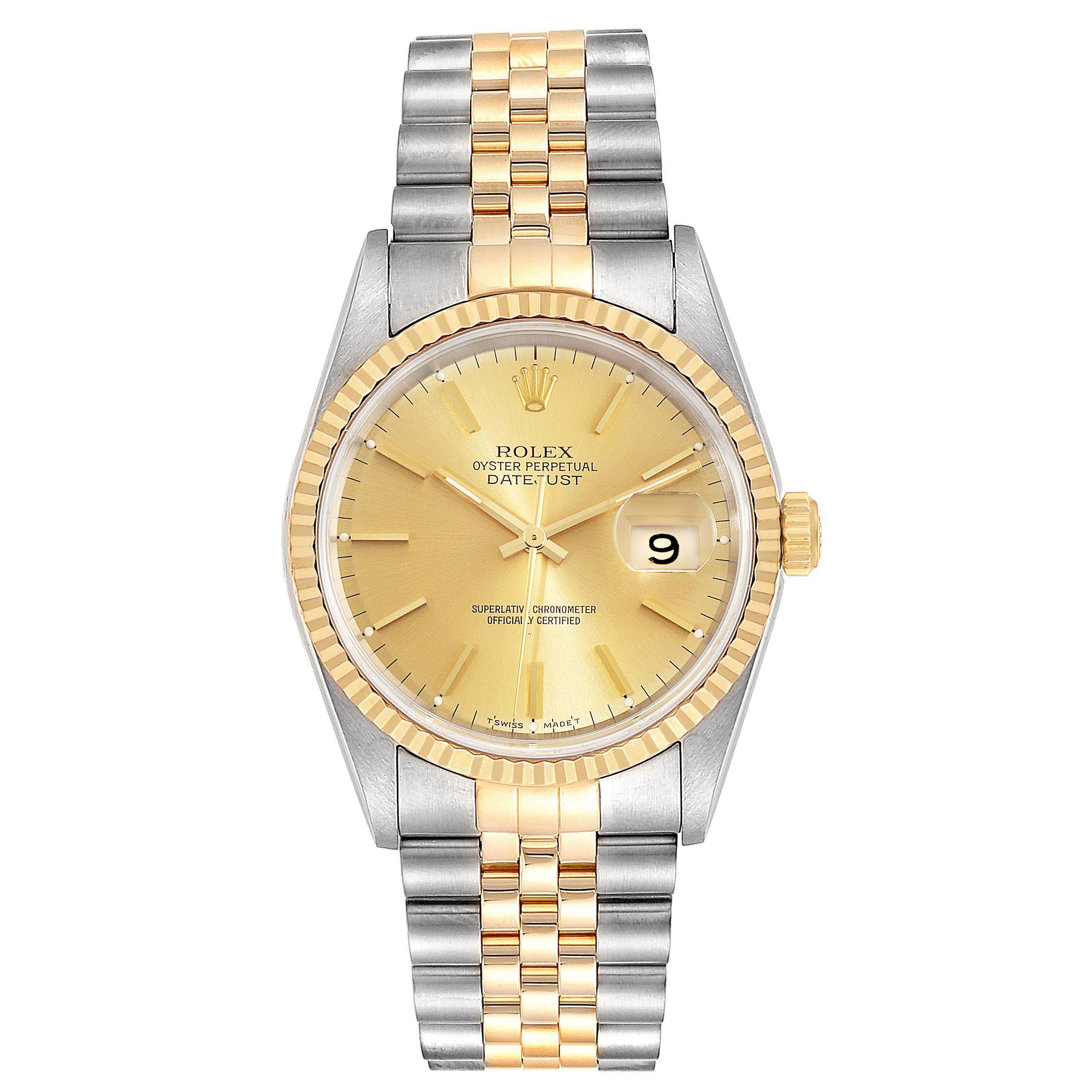 The image shows a front view of a Rolex Datejust 16233 Men's Steel and Gold (two tone) Champagne Dial 16233 Men's Steel and Gold (two tone) Champagne Dial watch displaying its gold dial, fluted bezel, and two-tone Jubilee bracelet.
