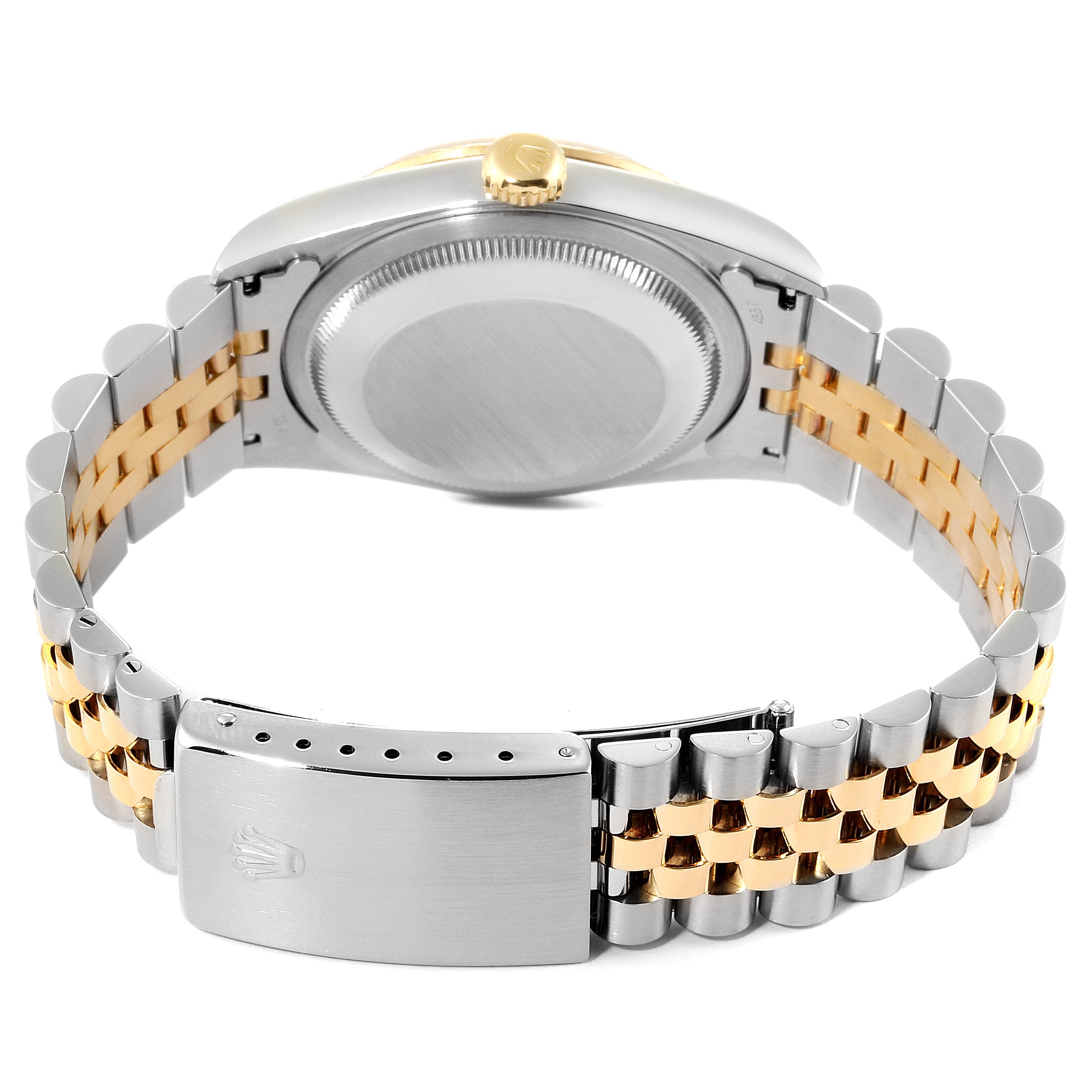 The image shows the back view of a Rolex Datejust 16233 Men's Steel and Gold (two tone) Champagne Dial 16233 Men's Steel and Gold (two tone) Champagne Dial watch, highlighting the case back and two-tone bracelet with a clasp.