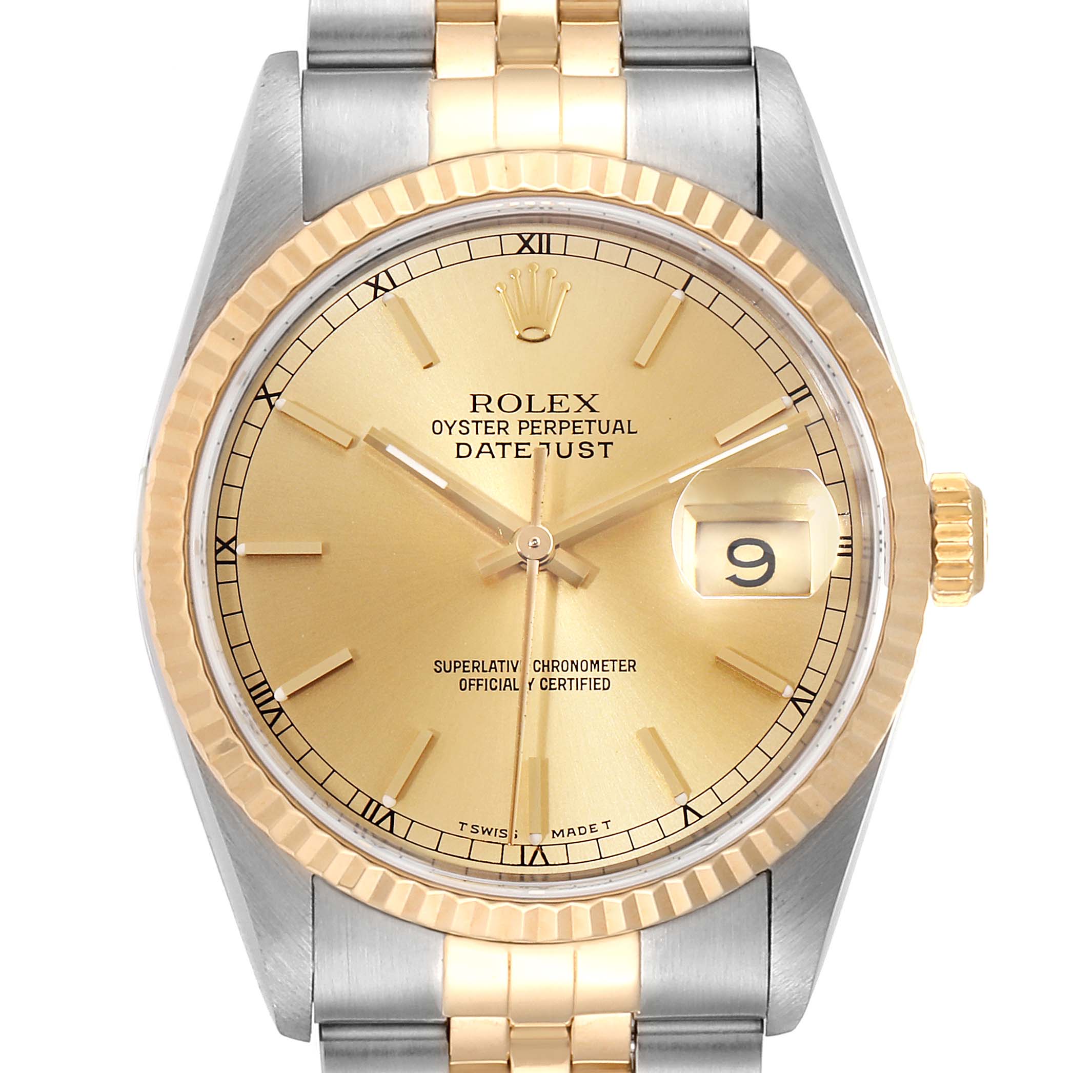 This is a close-up of a Rolex Datejust 16233 Men's Steel and Gold (two tone) Champagne Dial 16233 Men's Steel and Gold (two tone) Champagne Dial watch showing the face, bezel, and partial bracelet.
