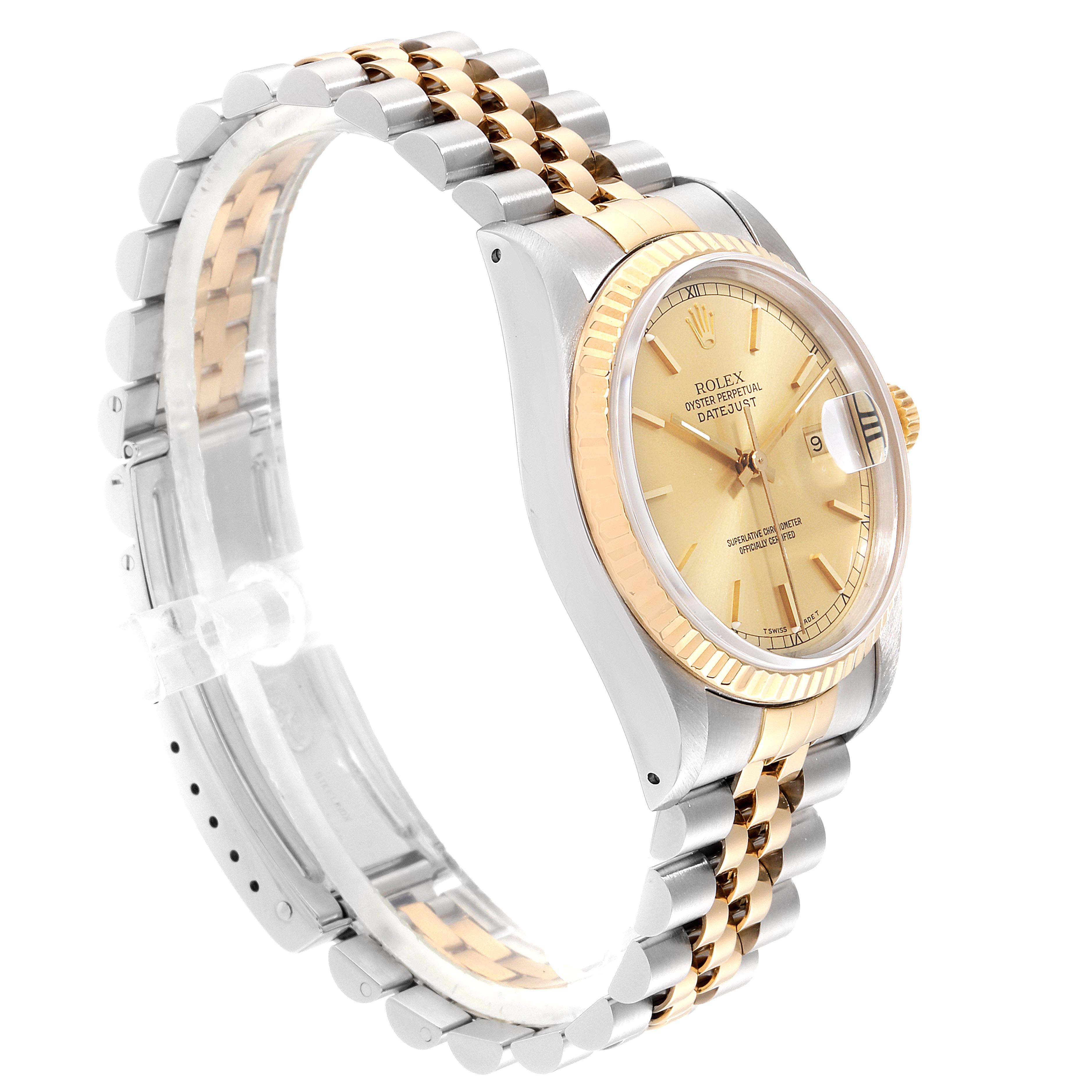 This image shows a side and partial front view of a Rolex Datejust 16233 Men's Steel and Gold (two tone) Champagne Dial 16233 Men's Steel and Gold (two tone) Champagne Dial watch, highlighting its two-tone bracelet and champagne dial.