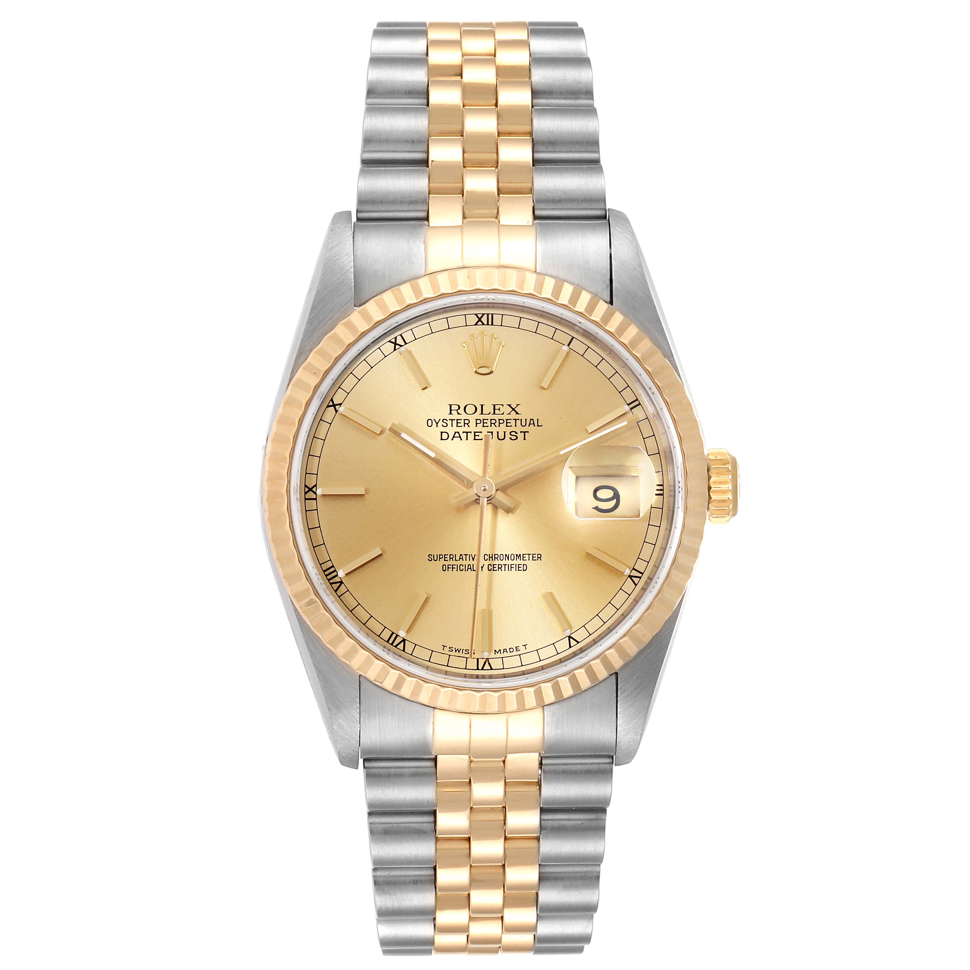 The Rolex Datejust 16233 Men's Steel and Gold (two tone) Champagne Dial 16233 Men's Steel and Gold (two tone) Champagne Dial watch is shown from a front angle, displaying its dial, bezel, crown, and two-tone bracelet.