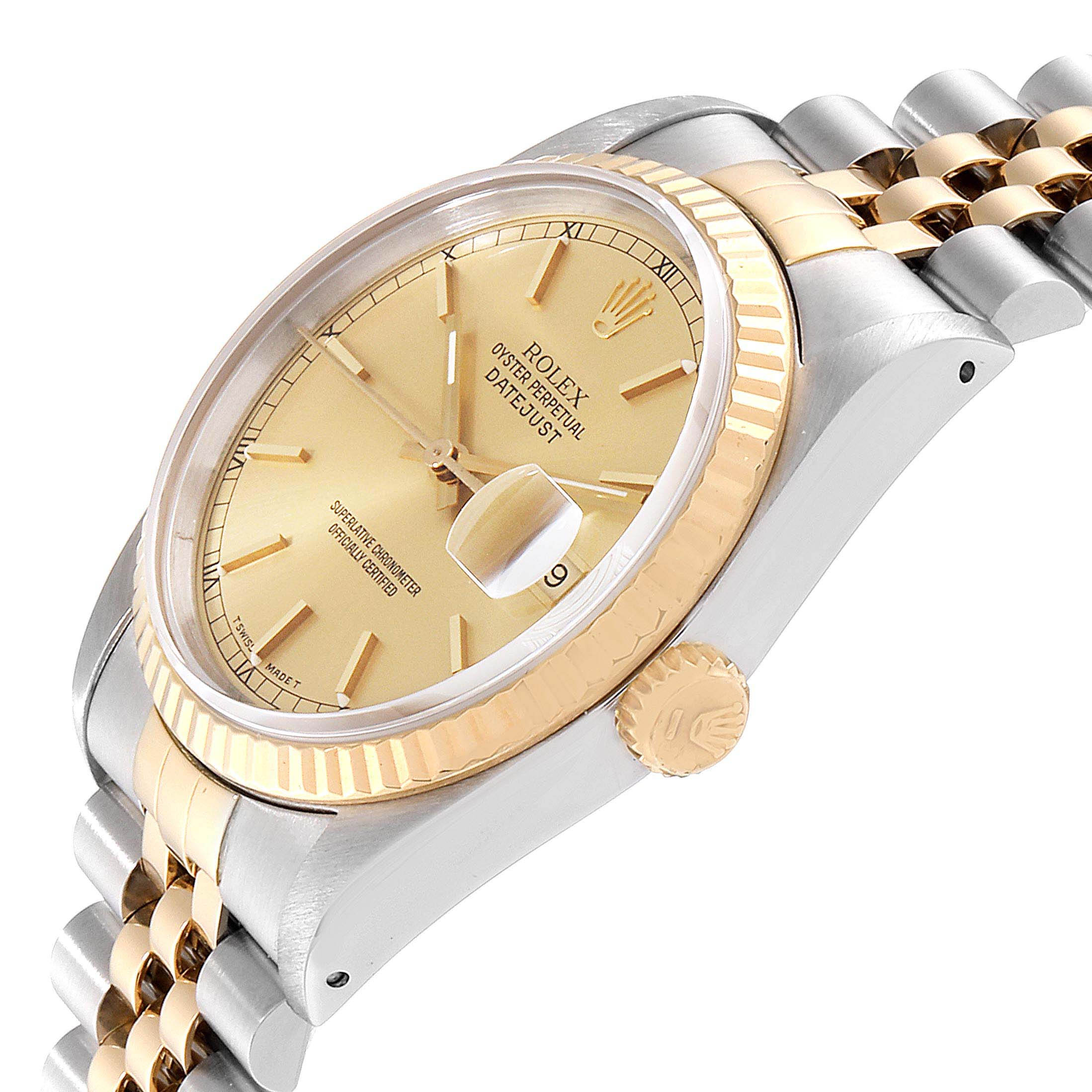 This image shows a Rolex Datejust 16233 Men's Steel and Gold (two tone) Champagne Dial 16233 Men's Steel and Gold (two tone) Champagne Dial watch from an oblique angle, highlighting the dial, bezel, crown, and bracelet.