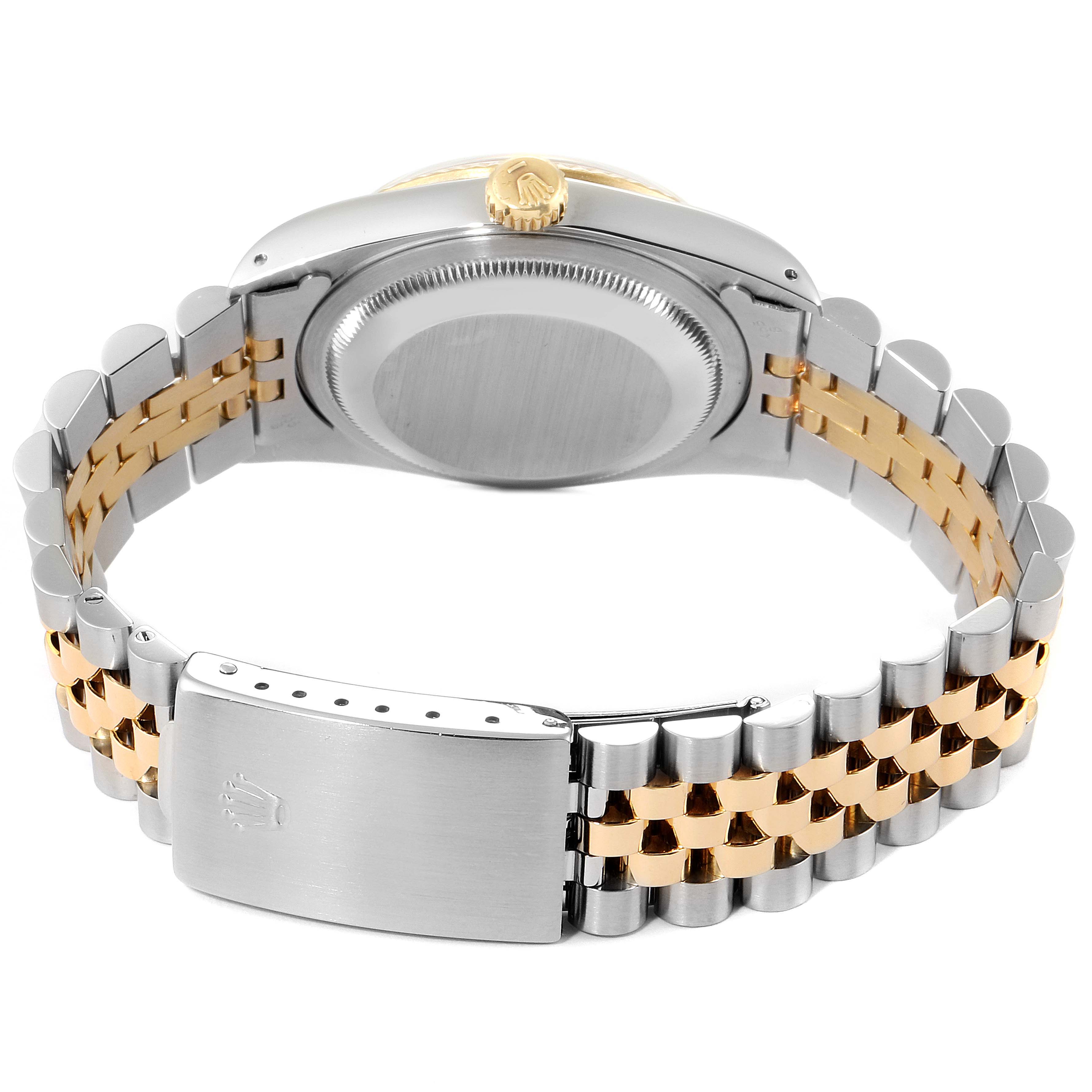 This image shows the back of a Rolex Datejust 16233 Men's Steel and Gold (two tone) Champagne Dial 16233 Men's Steel and Gold (two tone) Champagne Dial watch, highlighting its clasp, bracelet, and case back.