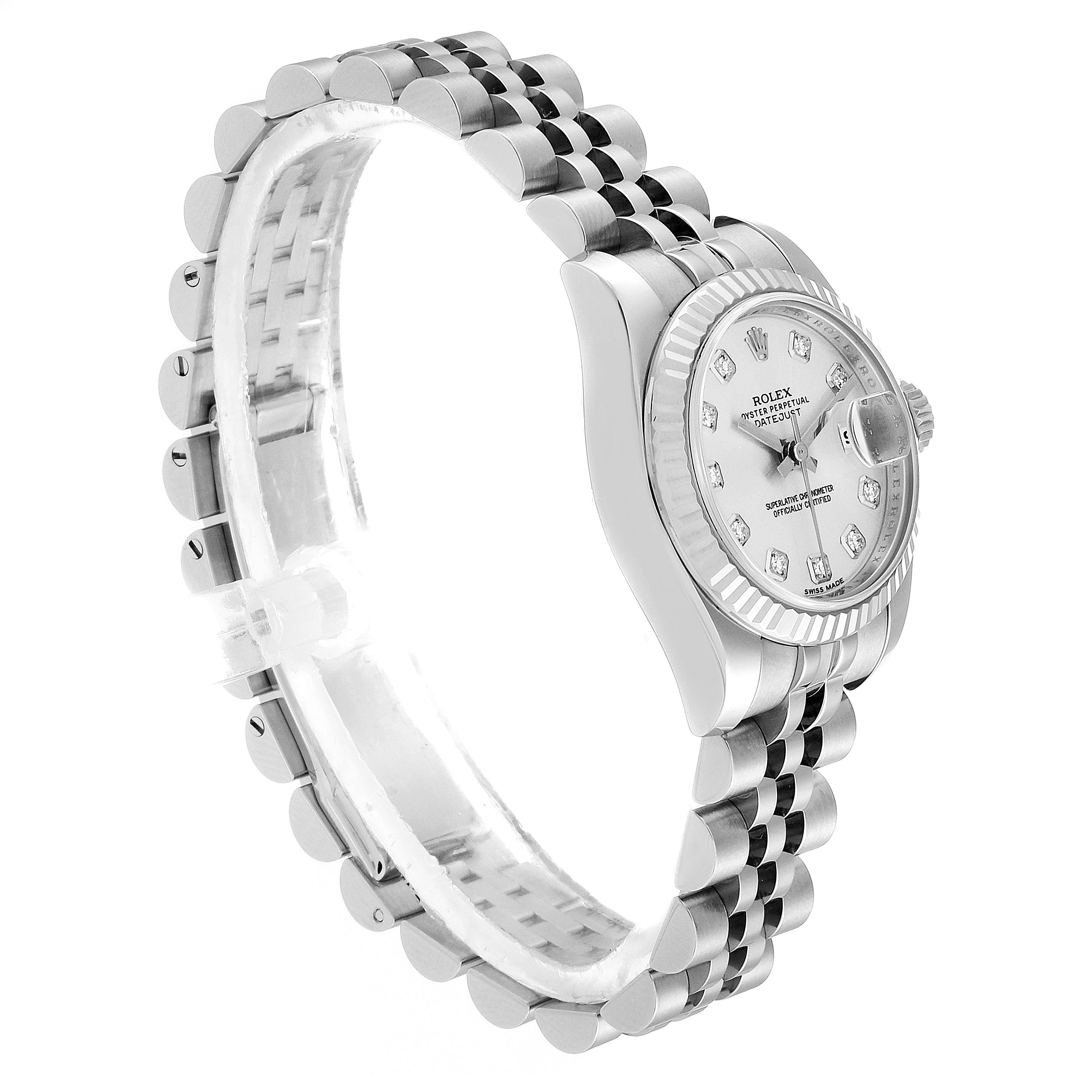 The image shows a side view angle of the Rolex Datejust 179174  Women's Stainless Steel Silver Dial 179174  Women's Stainless Steel Silver Dial watch, highlighting its bracelet, bezel, and partially its dial.