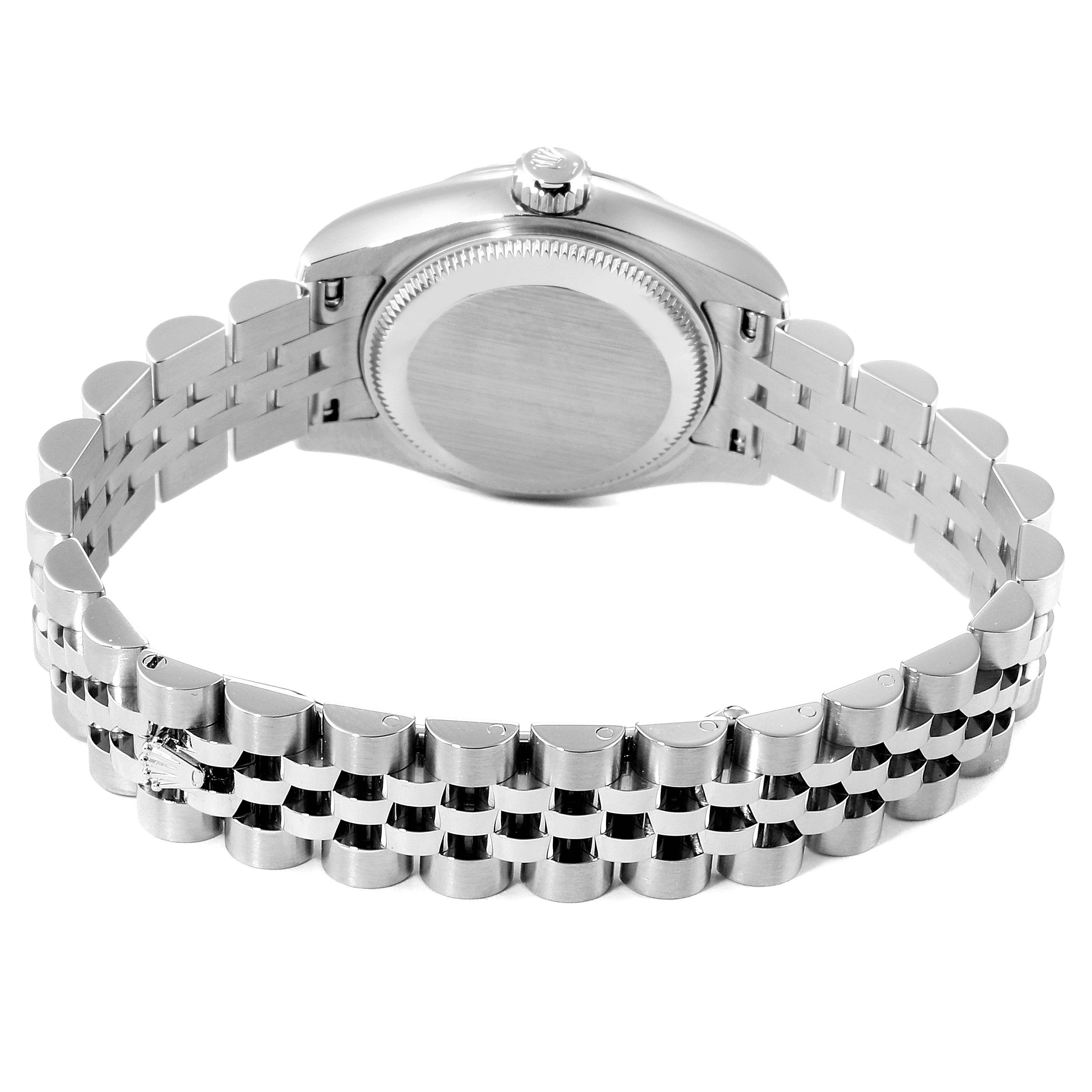 The image shows the back view of a Rolex Datejust 179174  Women's Stainless Steel Silver Dial 179174  Women's Stainless Steel Silver Dial watch, focusing on the case back and the Jubilee bracelet.