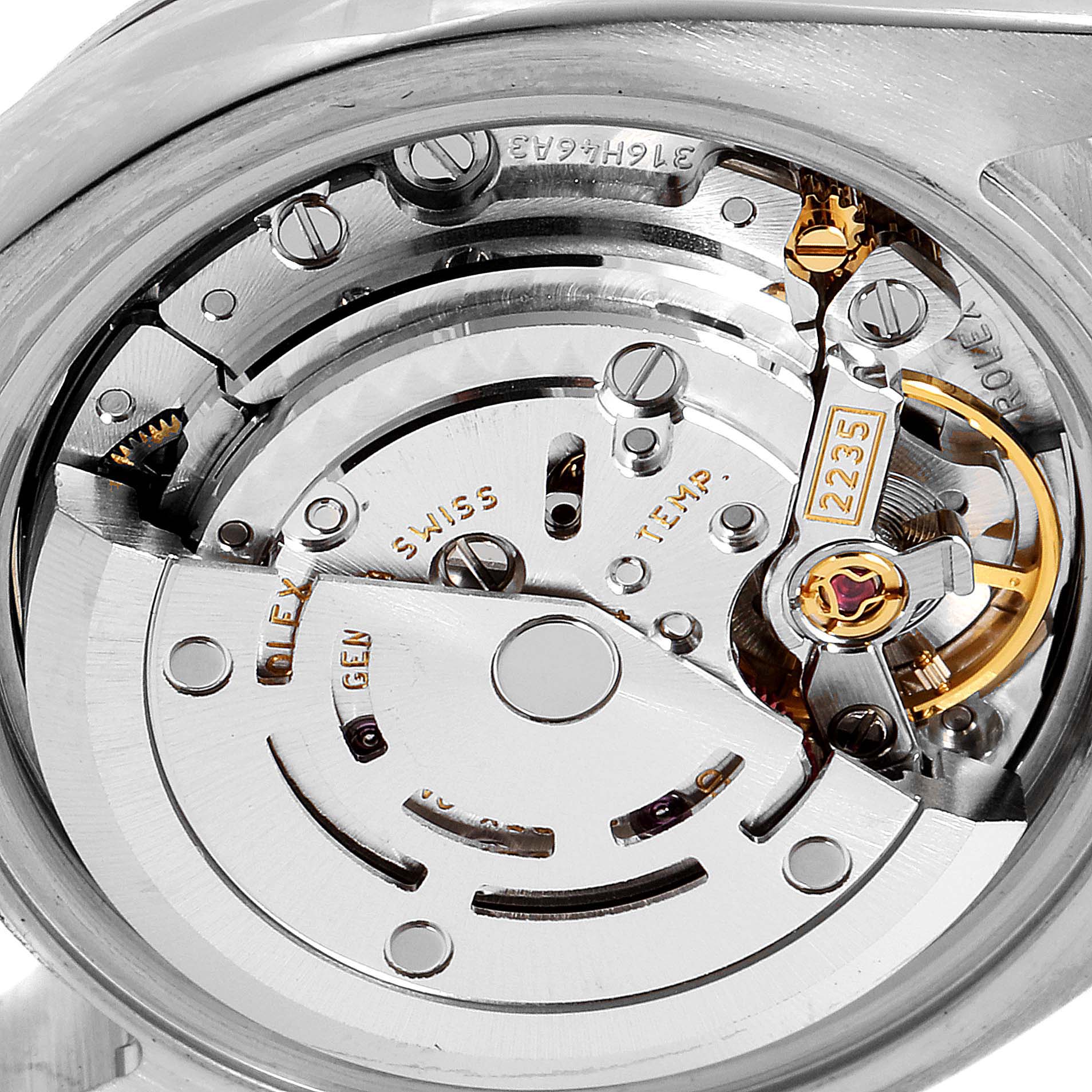 This image shows a close-up of the inner mechanical movement of a Rolex Datejust 179174  Women's Stainless Steel Silver Dial 179174  Women's Stainless Steel Silver Dial watch.