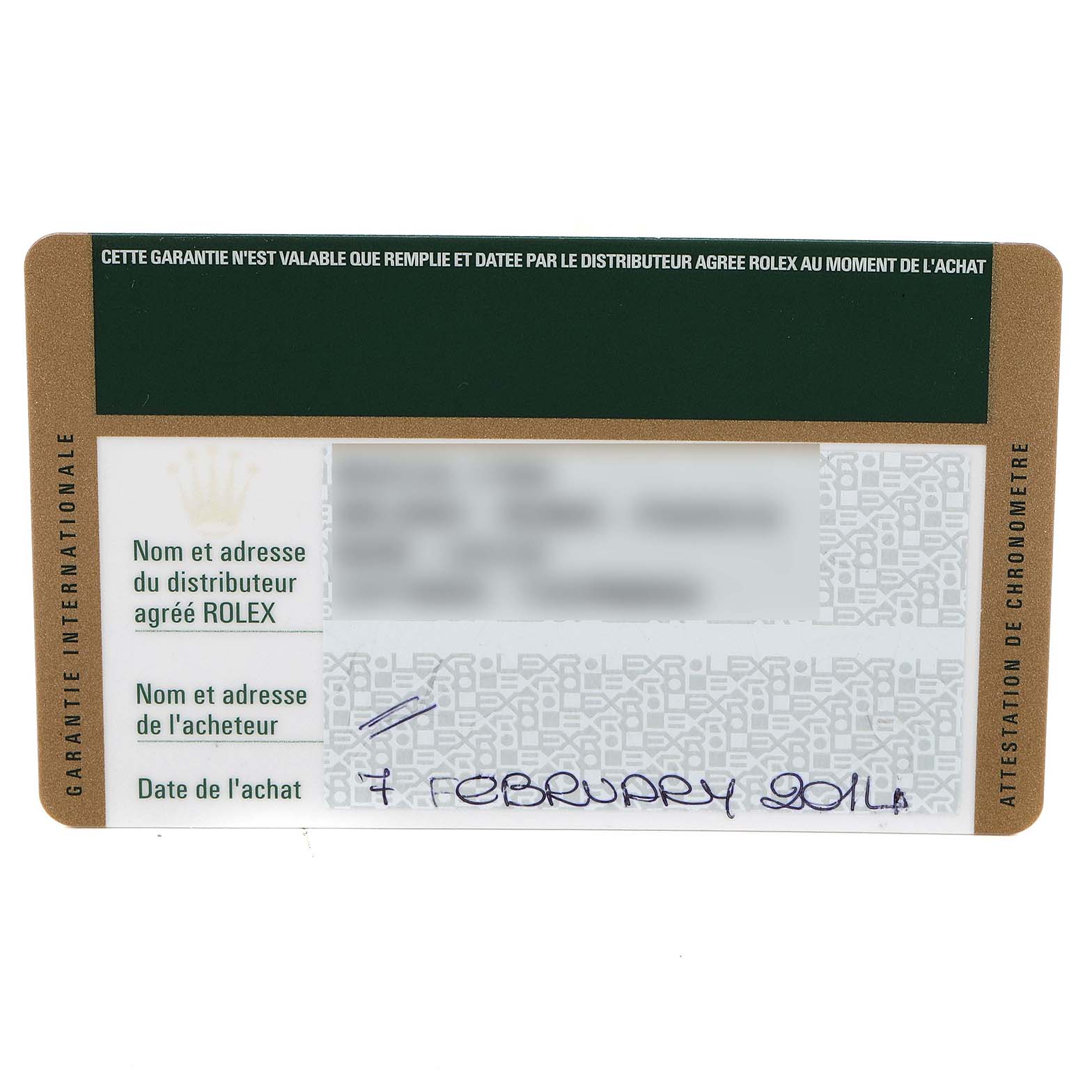 The image shows the warranty card for a Rolex Datejust 179174  Women's Stainless Steel Silver Dial 179174  Women's Stainless Steel Silver Dial watch, detailing purchase and distributor information.