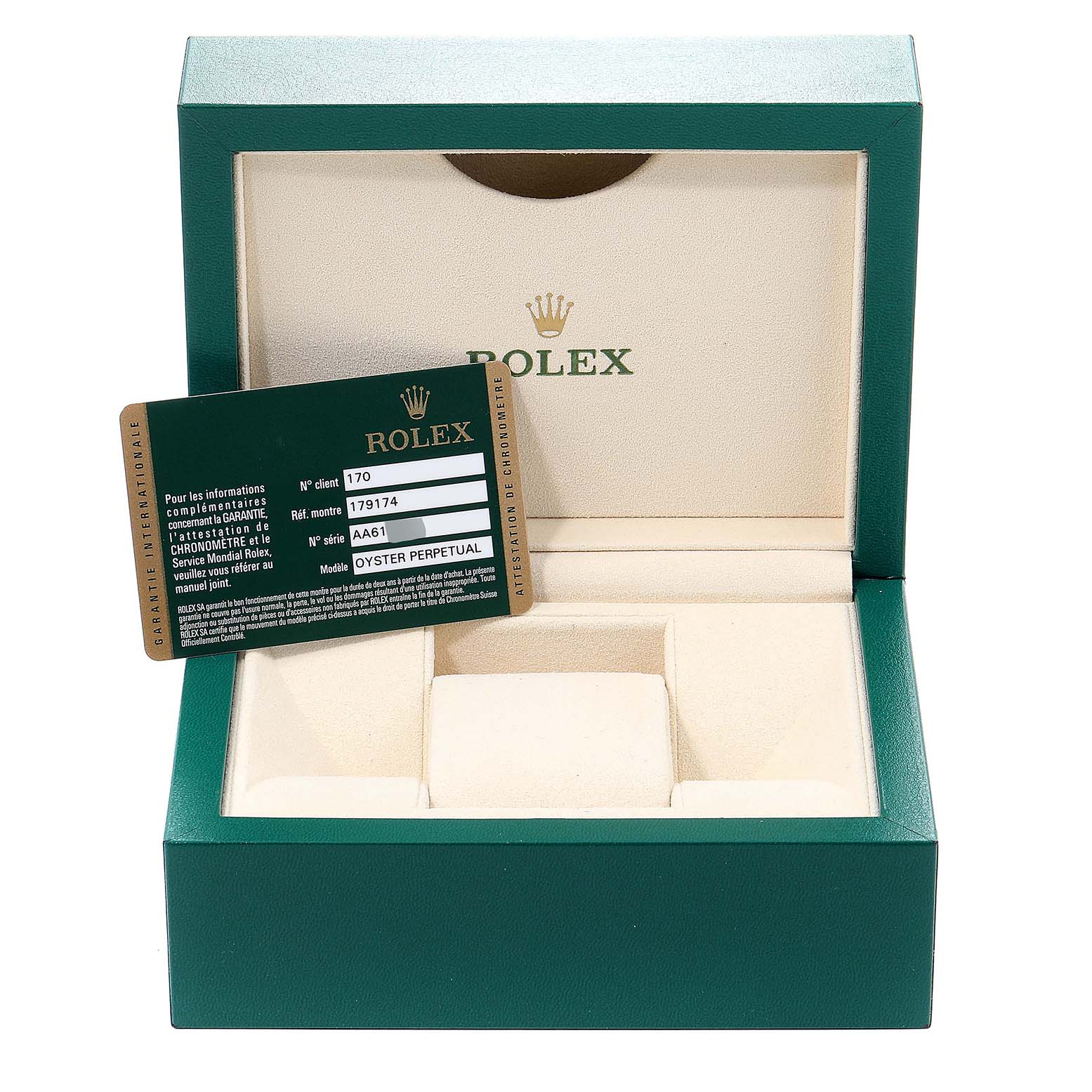 The image shows an open Rolex Datejust 179174  Women's Stainless Steel Silver Dial 179174  Women's Stainless Steel Silver Dial box and a warranty card, with the watch not included.