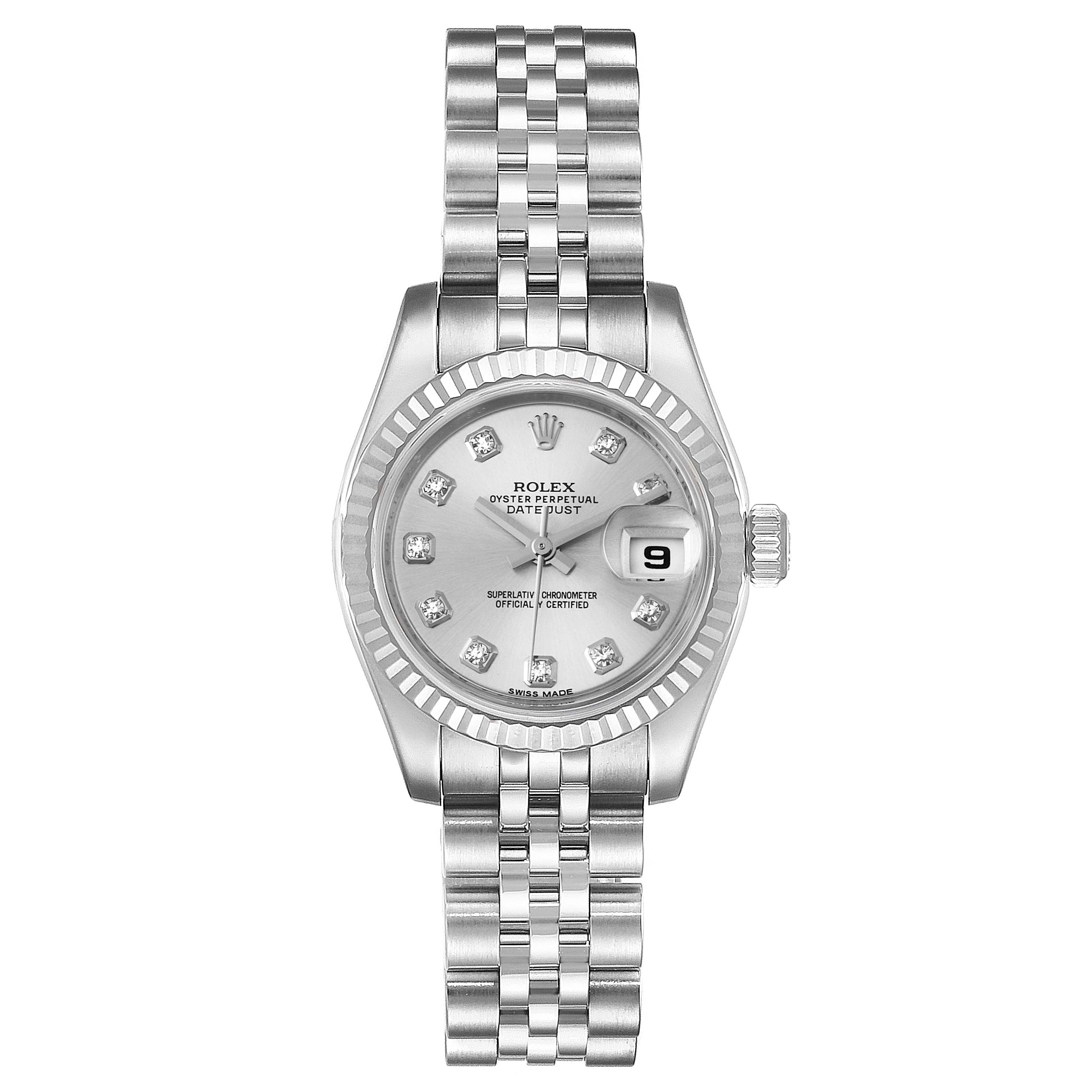 This image shows a front view of the Rolex Datejust 179174  Women's Stainless Steel Silver Dial 179174  Women's Stainless Steel Silver Dial watch, highlighting the bracelet, dial, bezel, and date window.
