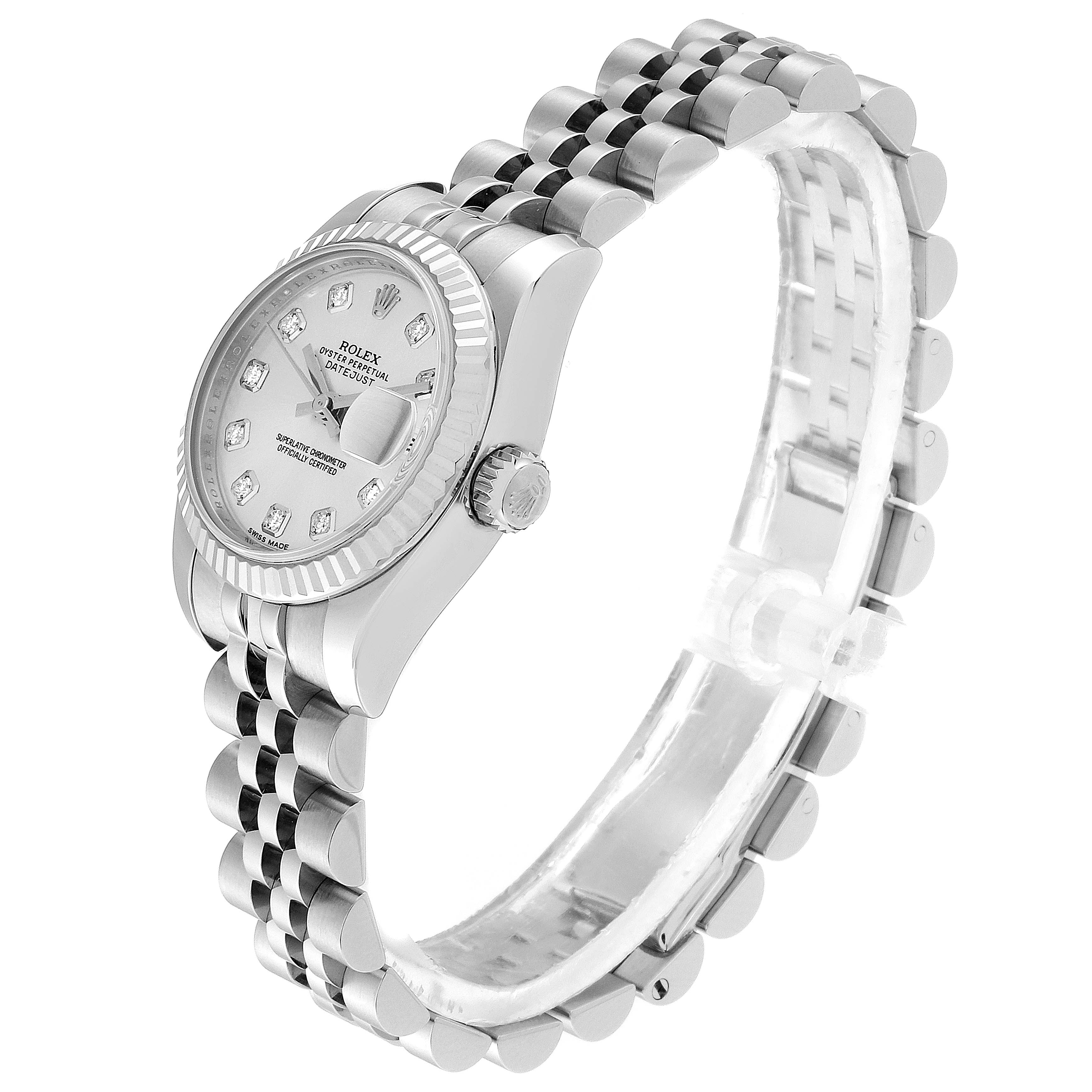 The Rolex Datejust 179174  Women's Stainless Steel Silver Dial 179174  Women's Stainless Steel Silver Dial model watch is shown at a slight angle, highlighting the face, bezel, crown, and bracelet.