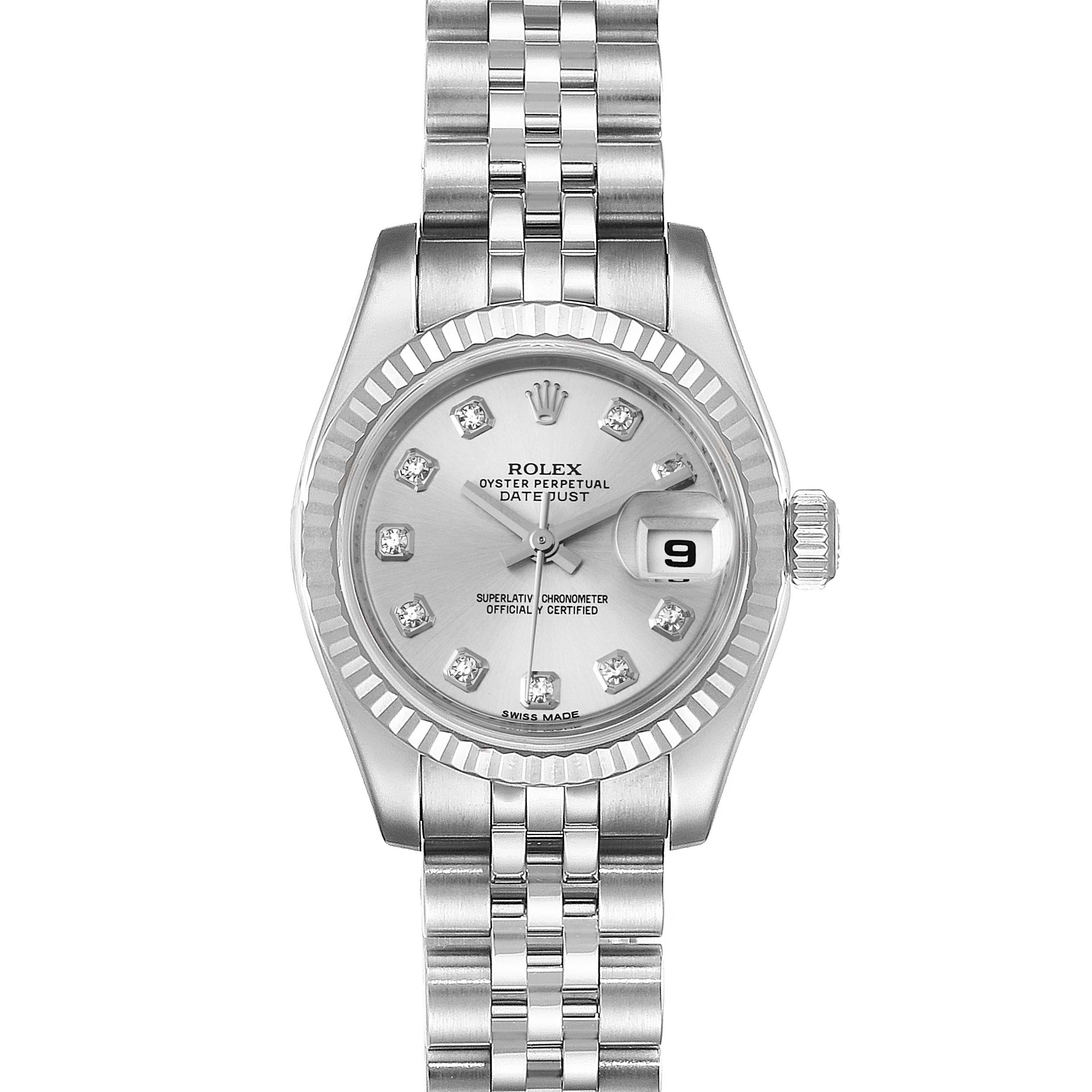 The image shows a front view of a Rolex Datejust 179174  Women's Stainless Steel Silver Dial 179174  Women's Stainless Steel Silver Dial watch, highlighting its dial, bezel, and bracelet.