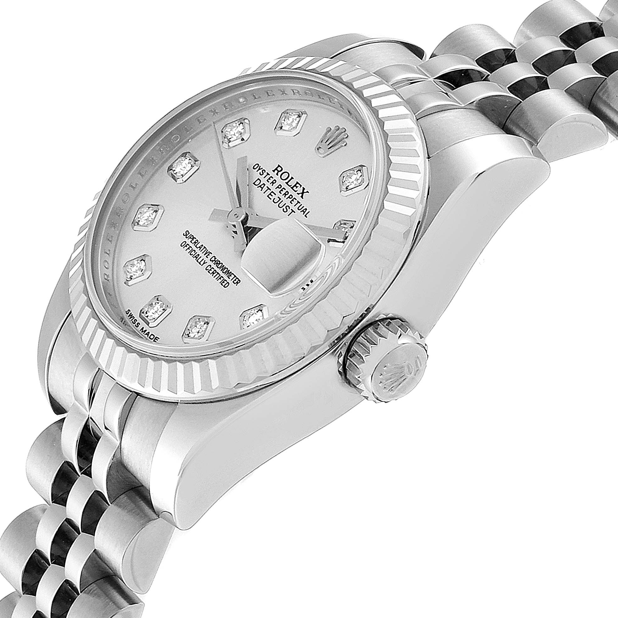This image shows a side angle of a Rolex Datejust 179174  Women's Stainless Steel Silver Dial 179174  Women's Stainless Steel Silver Dial watch, focusing on the face, bezel, crown, and part of the bracelet.