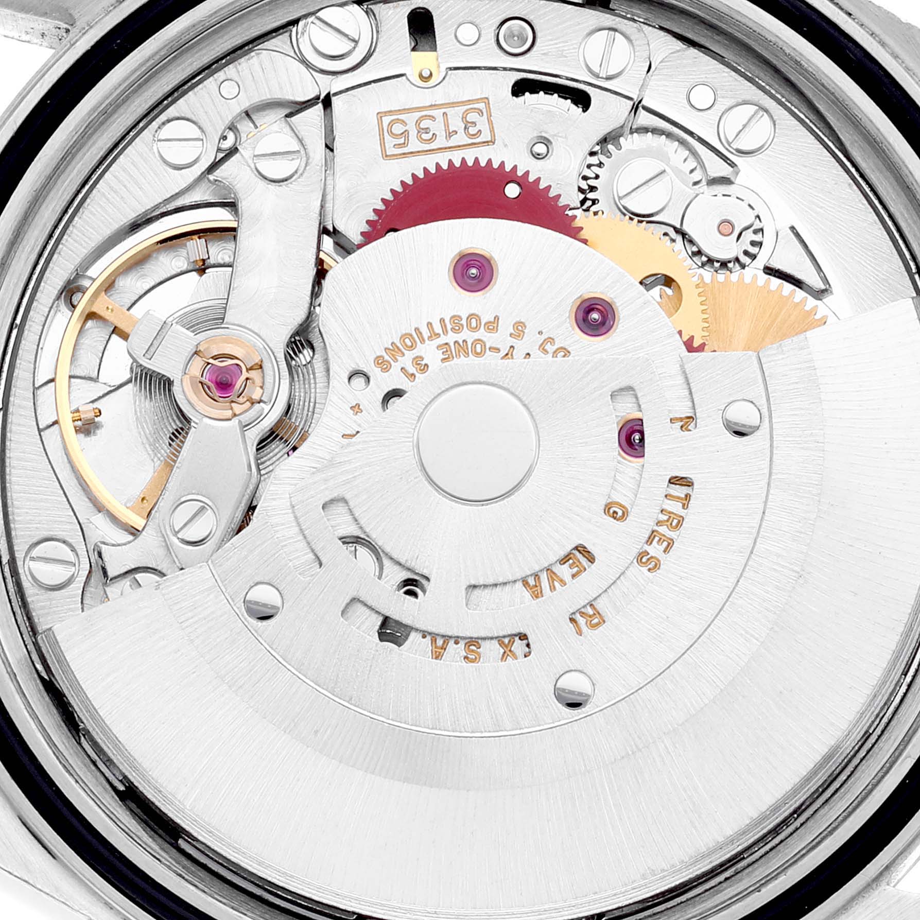 This image shows a close-up of the movement mechanism of a Rolex Datejust 16234 Men's Stainless Steel Grey Dial 16234 Men's Stainless Steel Grey Dial model watch, highlighting its intricate gears and components.